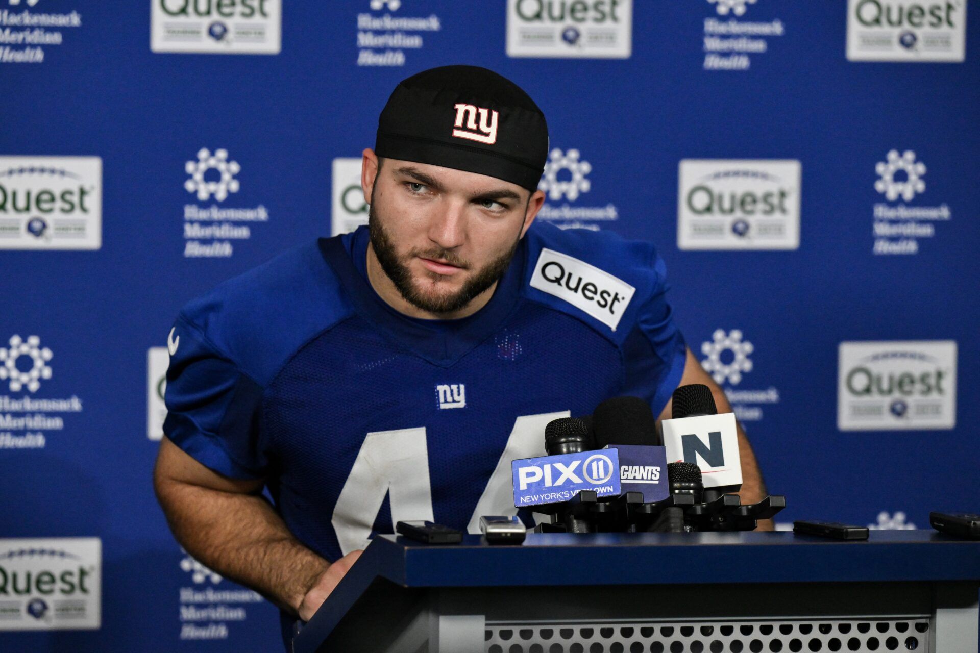 New York Giants running back Cam Skattebo (44) speaks to members of the press after rookie minicamp at Quest Diagnostics Training Center.