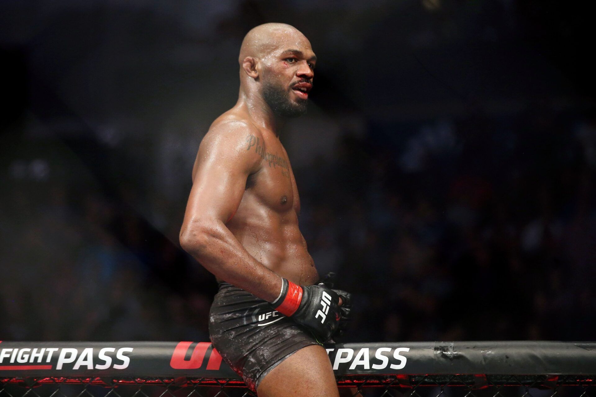 Jon Jones (red gloves) reacts after his fight Dominick Reyes (not pictured) during UFC 247 at Toyota Center.