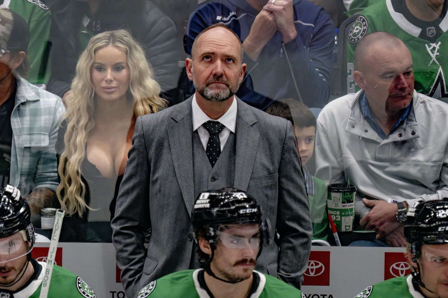 Dallas Stars head coach Pete DeBoers and Stars superfan Natalie Gauvreau look on during the game between the Stars and the Colorado Avalanche in game seven of the first round of the 2025 Stanley Cup Playoffs at American Airlines Center.
