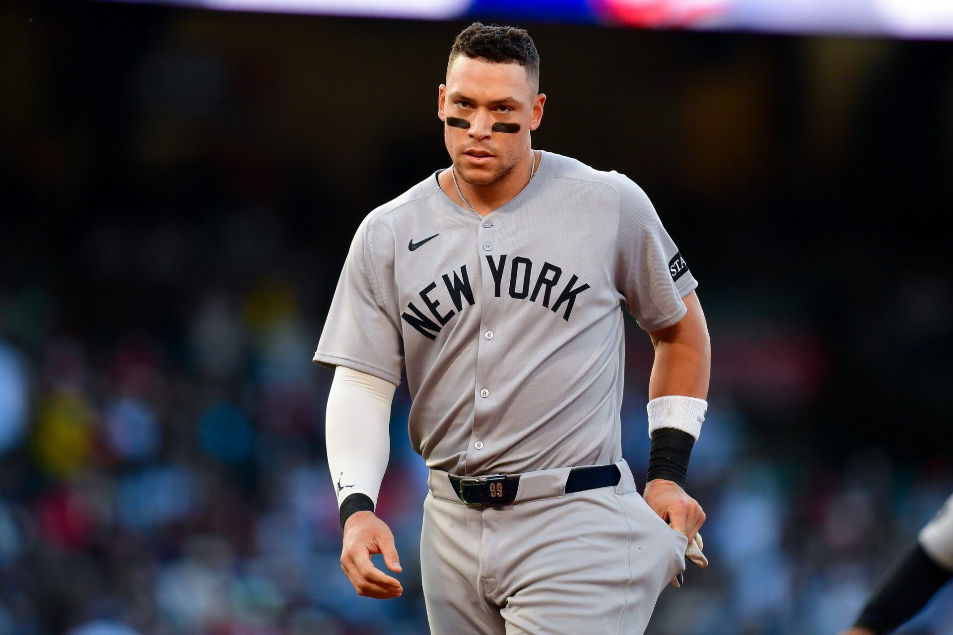 New York Yankees right fielder Aaron Judge (99) reacts after grounding out to end the top of the third inning at Angel Stadium.