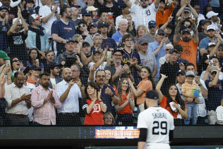 Detroit Tigers pitcher Tarik Skubal (29) walks off the field against the Boston Red Sox in the seventh inning against the Boston Red Sox at Comerica Park.