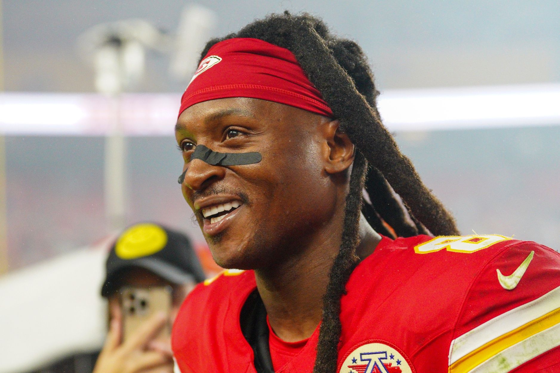 Kansas City Chiefs wide receiver DeAndre Hopkins (8) leaves the field after the win over the Tampa Bay Buccaneers at GEHA Field at Arrowhead Stadium.