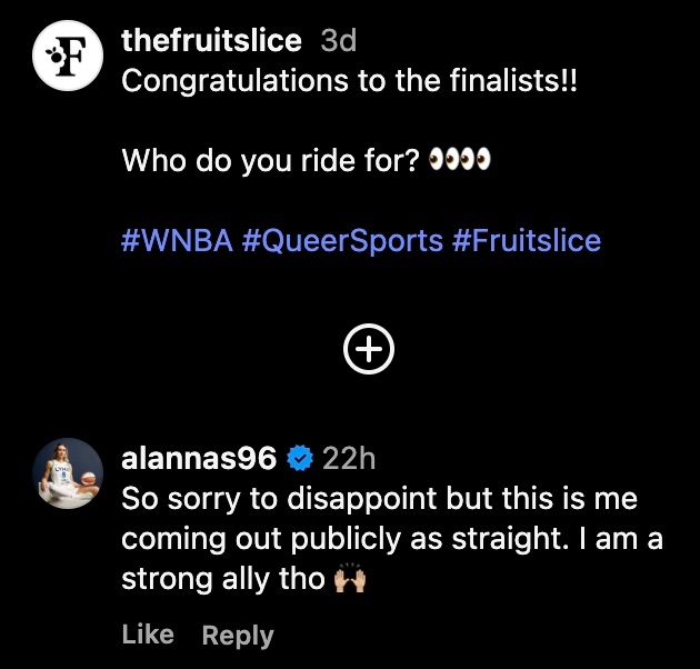 Minnesota Lynx's Alanna Smith replies to an Instagram post from FRUITSLICE.