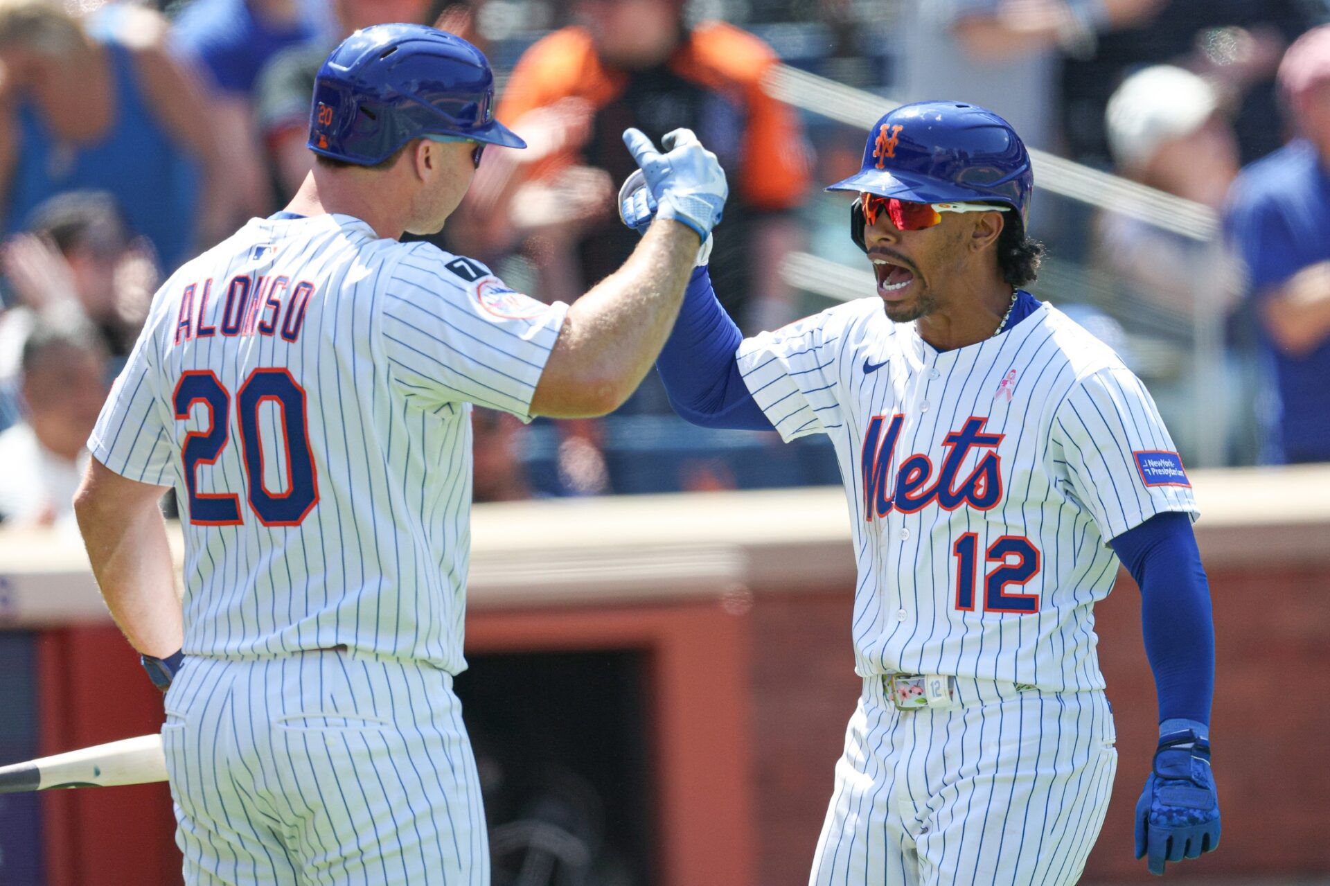 New York Mets shortstop Francisco Lindor (12) celebrates with first baseman Pete Alonso (20) after hitting a solo home run during the eighth inning against the Chicago Cubs at Citi Field.