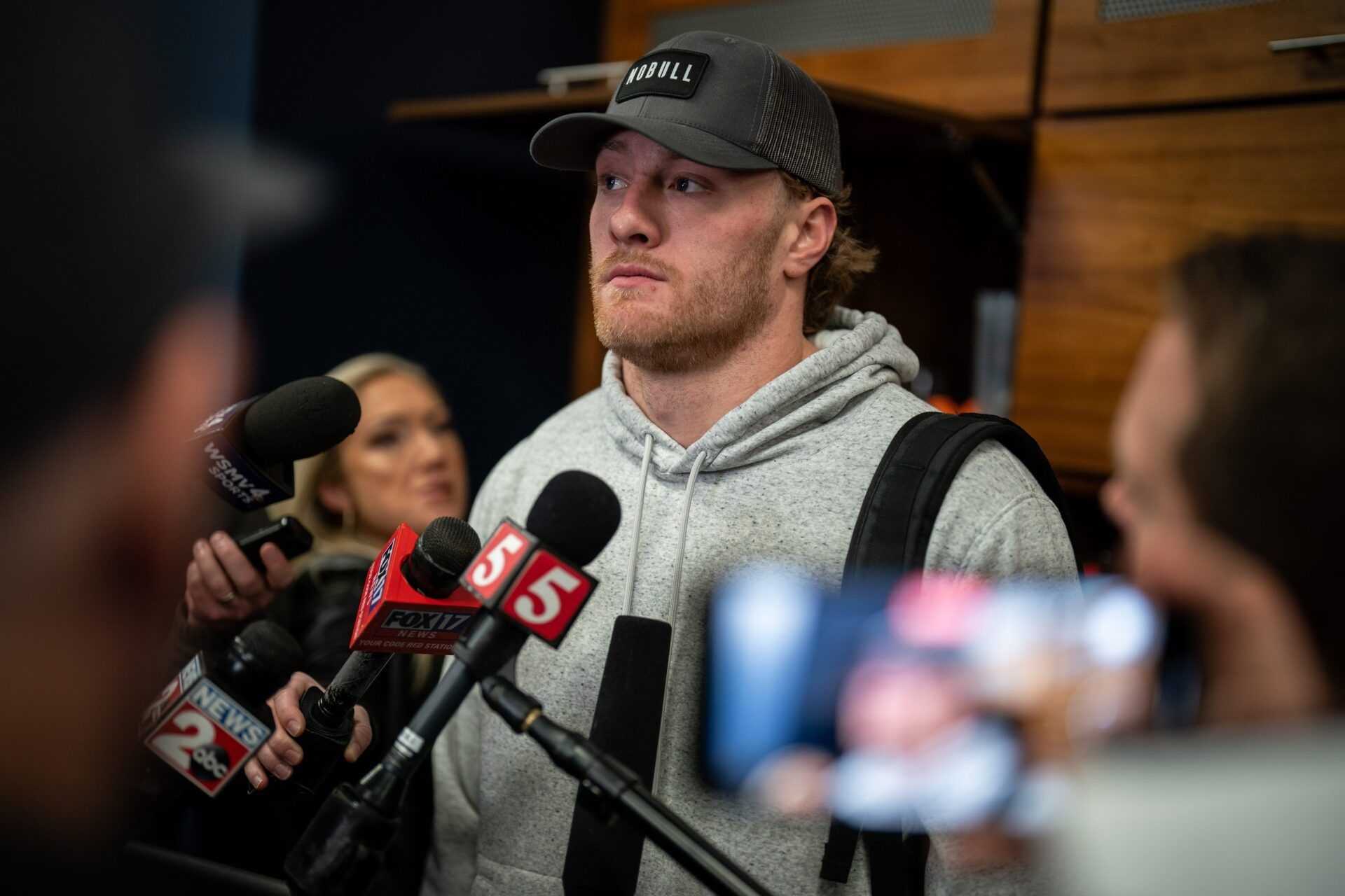 Tennessee Titans quarterback Will Levis gives an interview as the team cleans out their locker room at Ascension Saint Thomas Sports Park in Nashville, Tenn., Monday, Jan. 6, 2025.