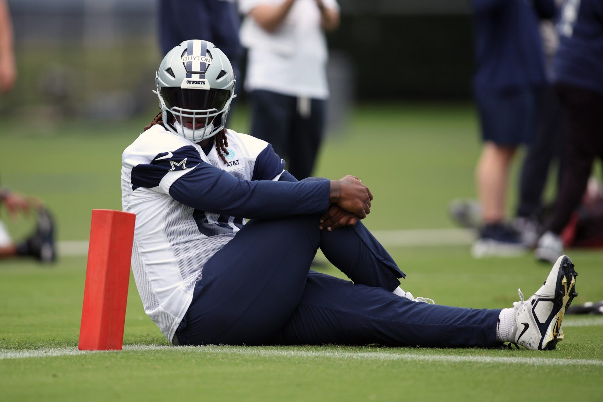 Dallas Cowboys tackle Tyler Guyton (60) on the field during practice at the Ford Center at the Star Training Facility in Frisco, Texas.
