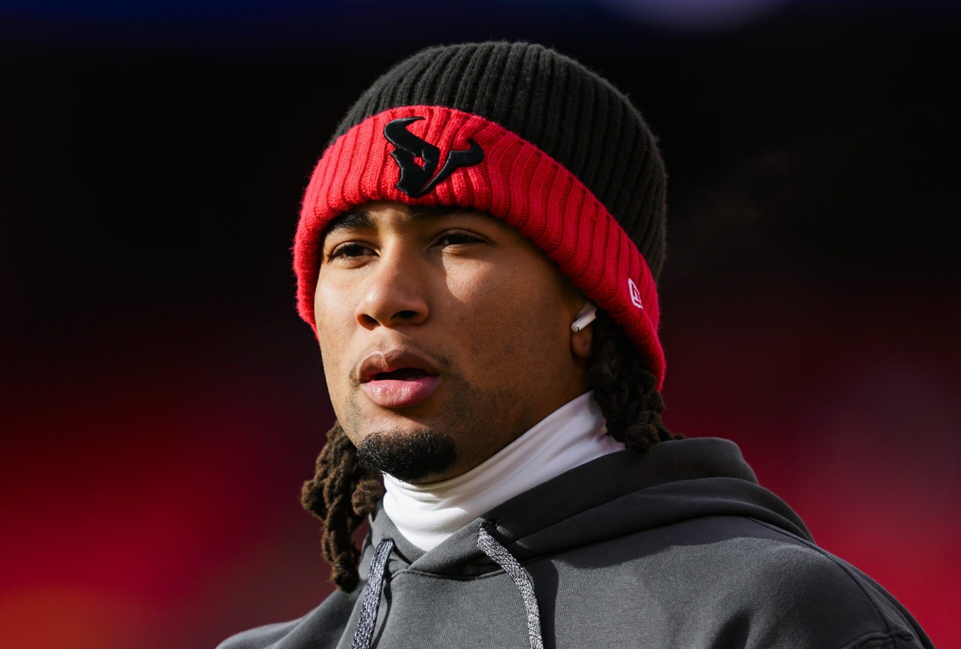 Houston Texans quarterback C.J. Stroud (7) warms up prior to a 2025 AFC divisional round game against the Kansas City Chiefs at GEHA Field at Arrowhead Stadium.