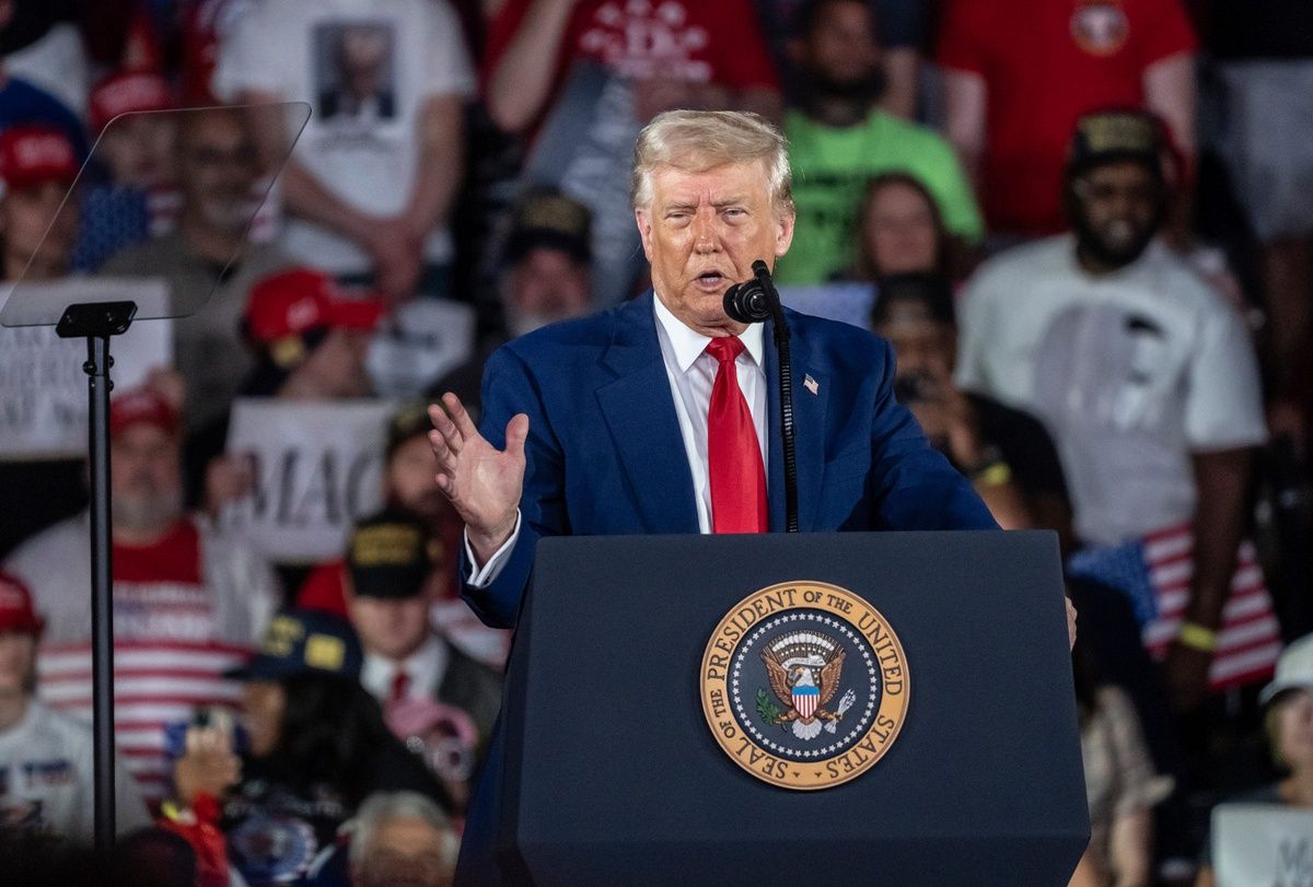 President Donald Trump speaks to a crowd during his 100TH Day in Office Achievement Rally at the Macomb on Tuesday, April 29, 2025.