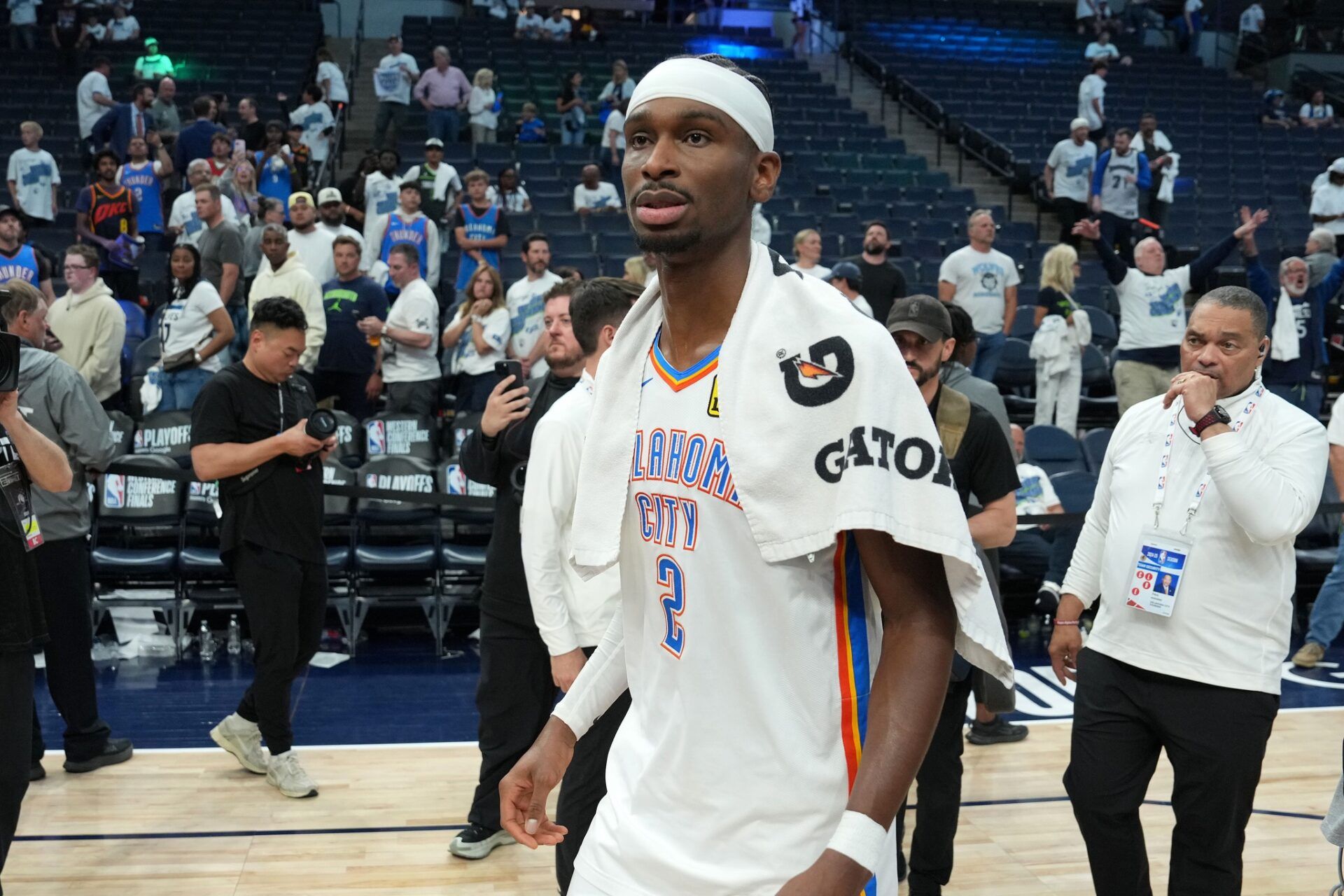 Oklahoma City Thunder guard Shai Gilgeous-Alexander (2) reacts after defeating the Minnesota Timberwolves in game four of the western conference finals for the 2025 NBA Playoffs at Target Center.