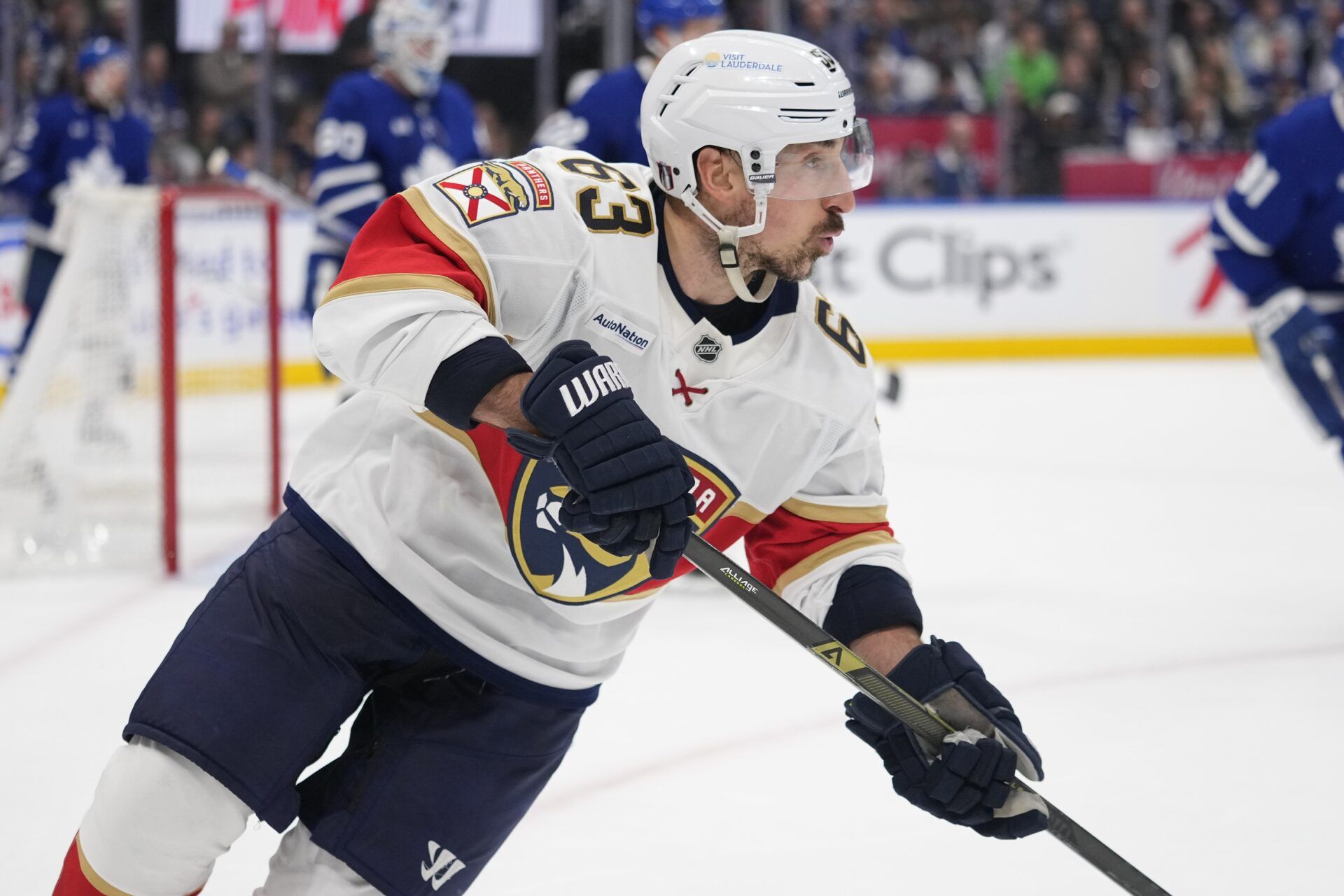 Florida Panthers forward Brad Marchand (63) skates against the Toronto Maple Leafs during the second period of game seven of the second round of the 2025 Stanley Cup Playoffs at Scotiabank Arena.