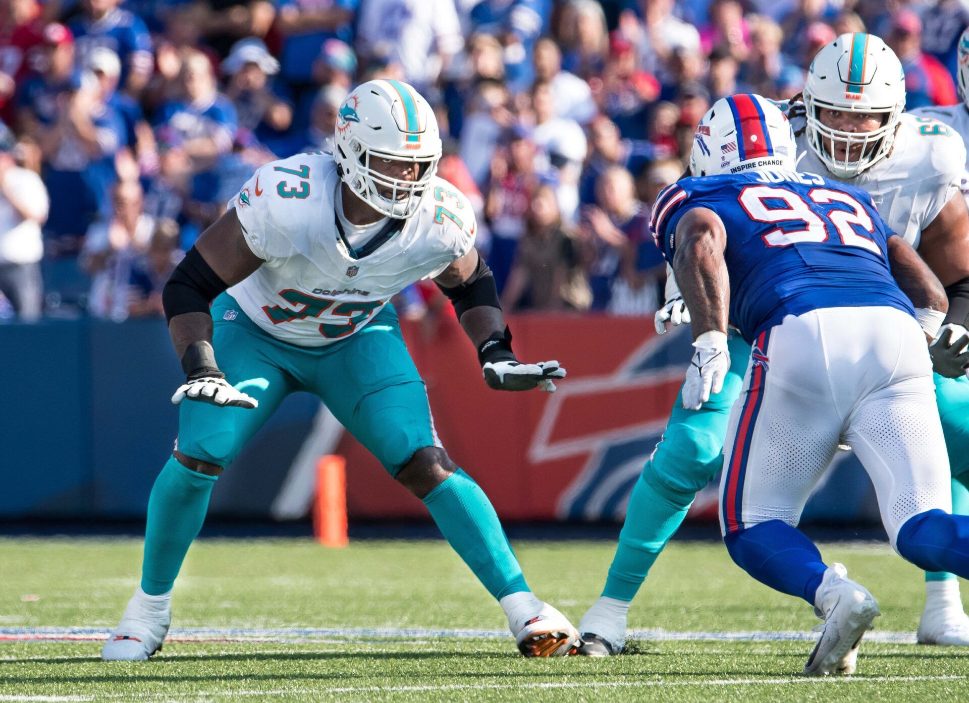 Miami Dolphins guard Austin Jackson (73) prepares to block Buffalo Bills defensive tackle DaQuan Jones (92) in the fourth quarter at Highmark Stadium.
