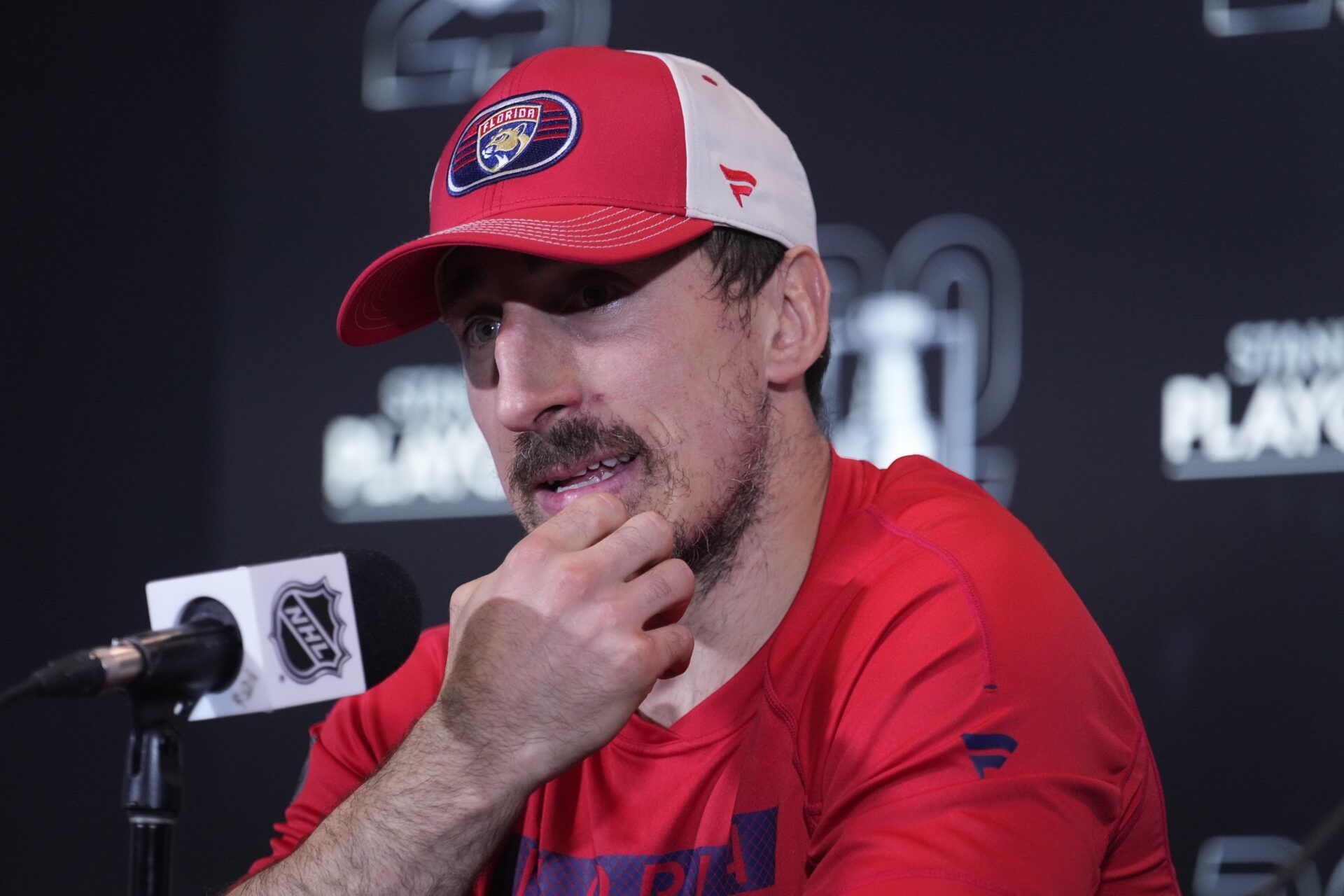 Florida Panthers forward Brad Marchand (63) talks to the media during the post game media conference following game seven of the second round of the 2025 Stanley Cup Playoffs against the Toronto Maple Leafs at Scotiabank Arena.