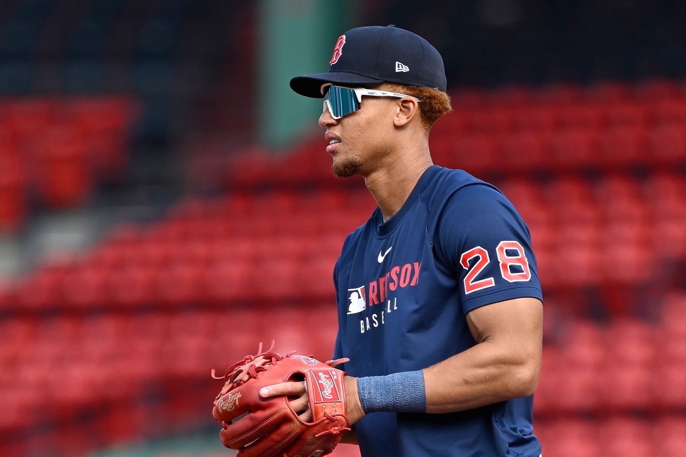 Boston Red Sox second baseman Kristian Campbell (28) warms up before a game against the Atlanta Braves at Fenway Park.