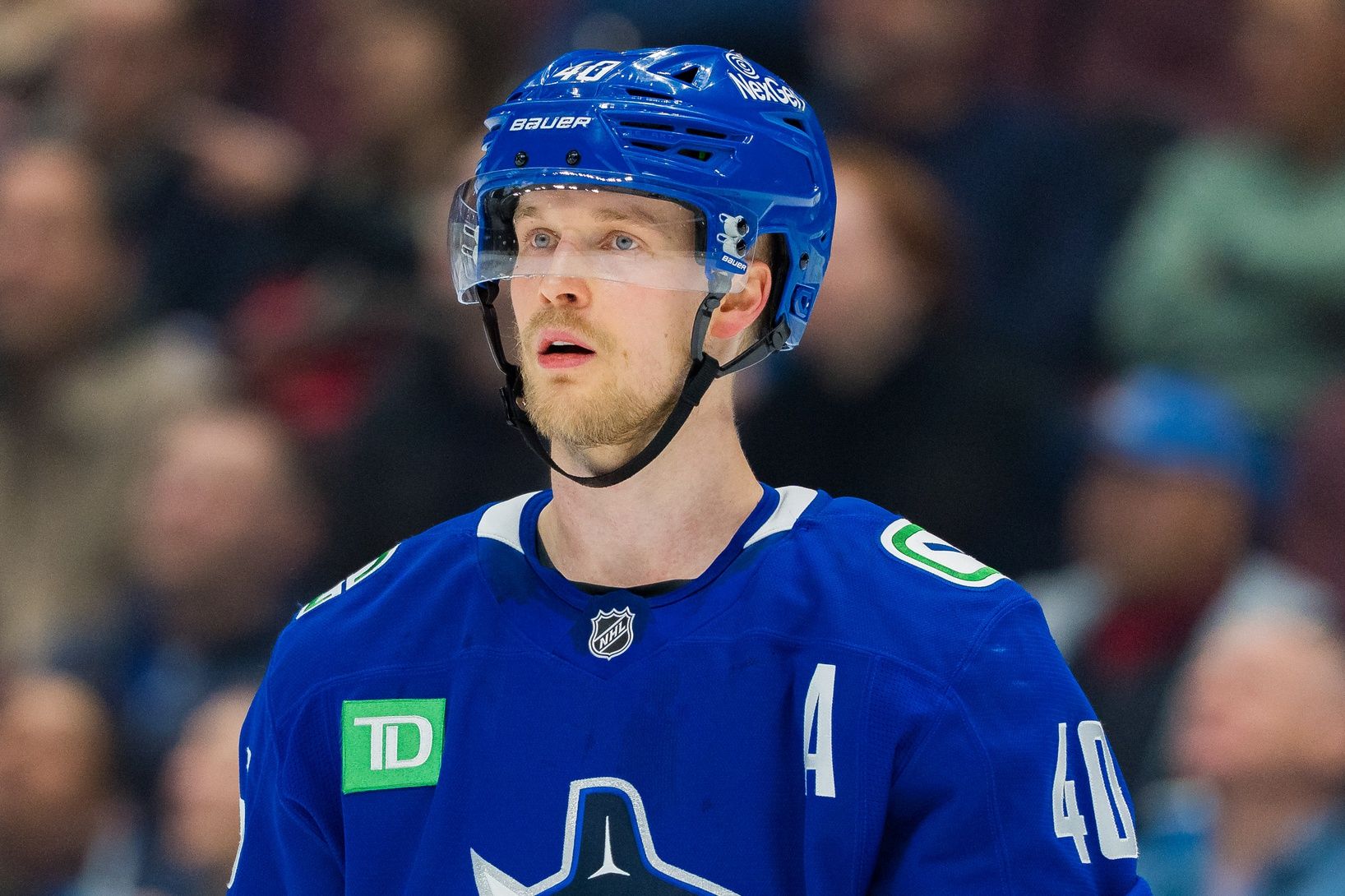 Vancouver Canucks forward Elias Pettersson (40) during a stop in play against Utah Hockey Club  in the third period at Rogers Arena.