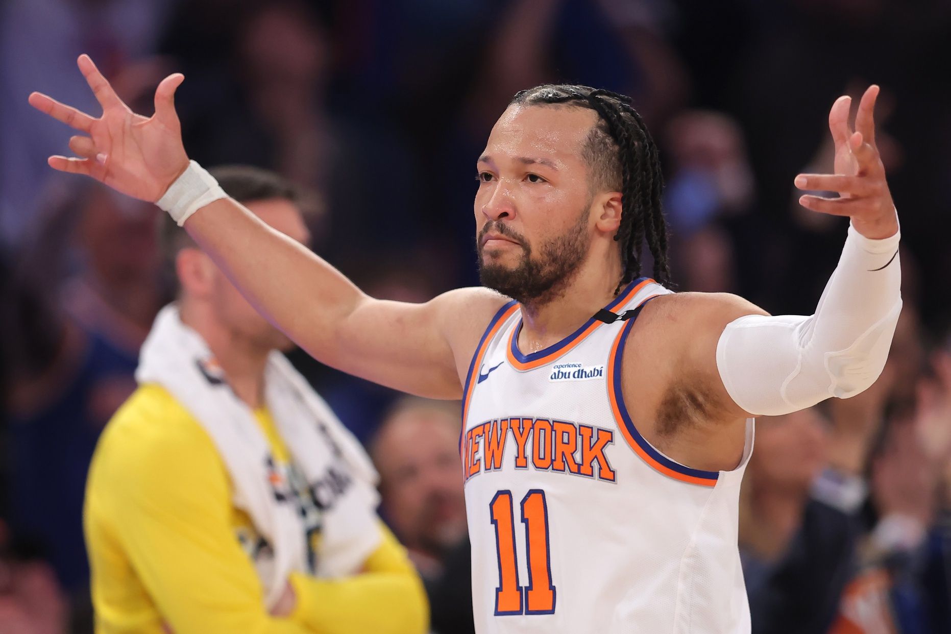 New York Knicks guard Jalen Brunson (11) reacts after a three point shot against the Indiana Pacers in the first quarter during game five of the eastern conference finals for the 2025 NBA Playoffs at Madison Square Garden.