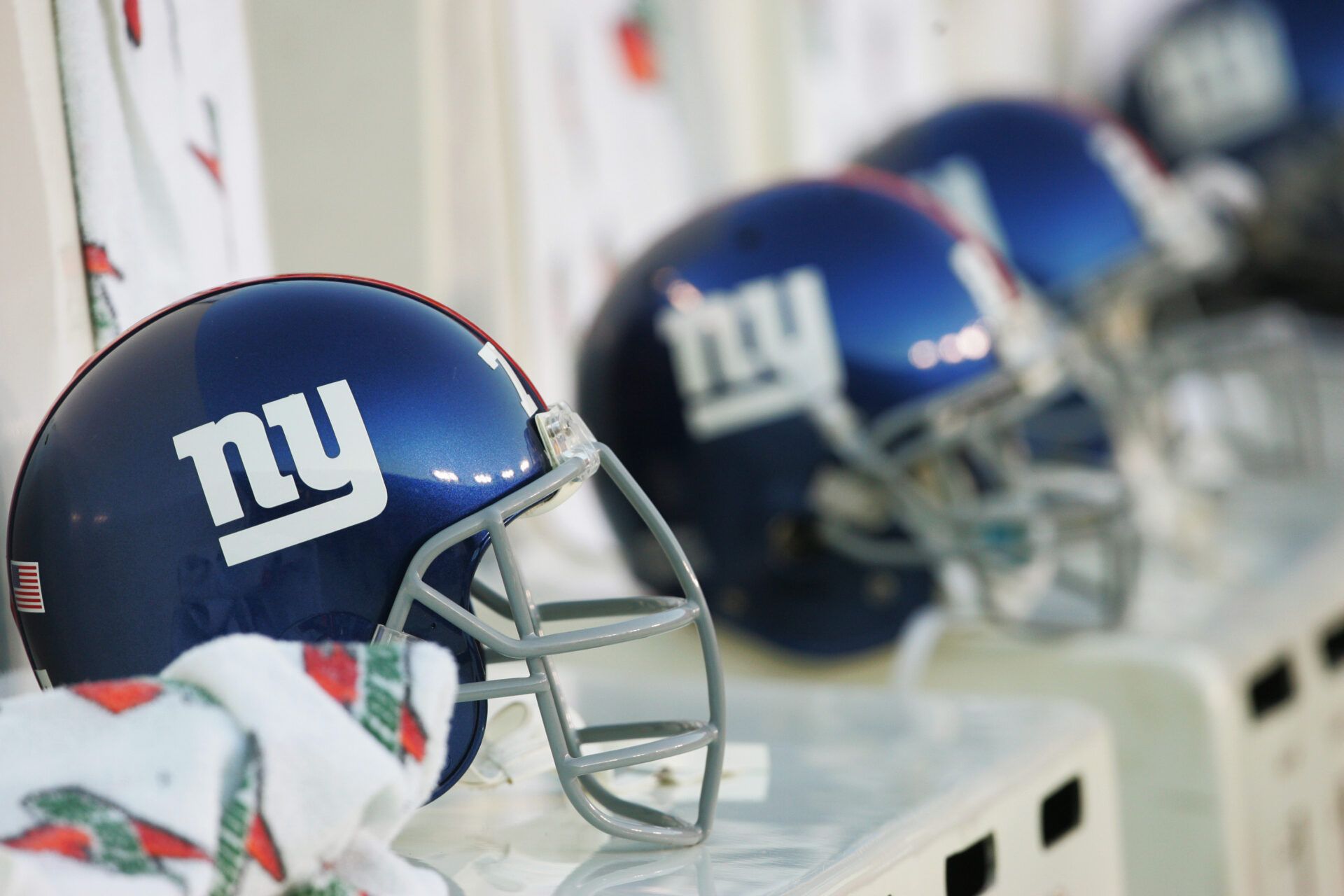 LANDOVER,MD - DECEMBER 5:  A view of New York Giants helmets during the game against the Washington Redskins at Fed Ex Field on December 5, 2004 in Landover, Maryland. The Redskins won 31-7. (Photo by Jamie Squire/Getty Images)
