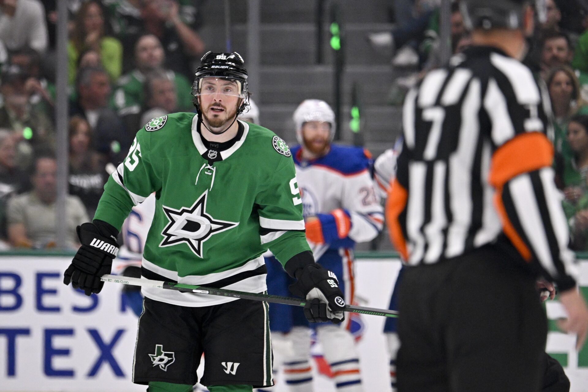 Dallas Stars center Matt Duchene (95) skates off the ice after the Edmonton Oilers score during the second period in game two of the Western Conference Final of the 2025 Stanley Cup Playoffs at American Airlines Center.