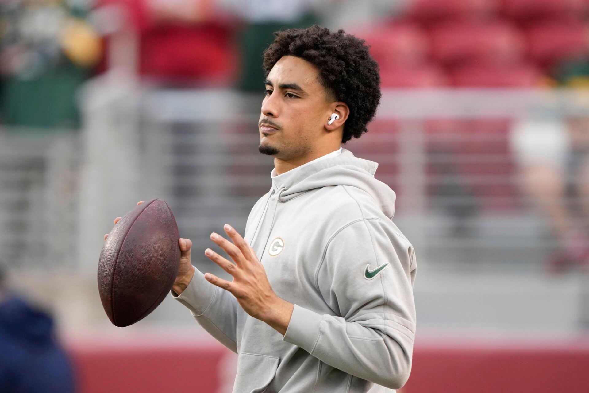 SANTA CLARA, CALIFORNIA - JANUARY 20: Jordan Love #10 of the Green Bay Packers warms up before the NFC Divisional Playoffs against the San Francisco 49ers at Levi's Stadium on January 20, 2024 in Santa Clara, California. (Photo by Thearon W. Henderson/Getty Images)