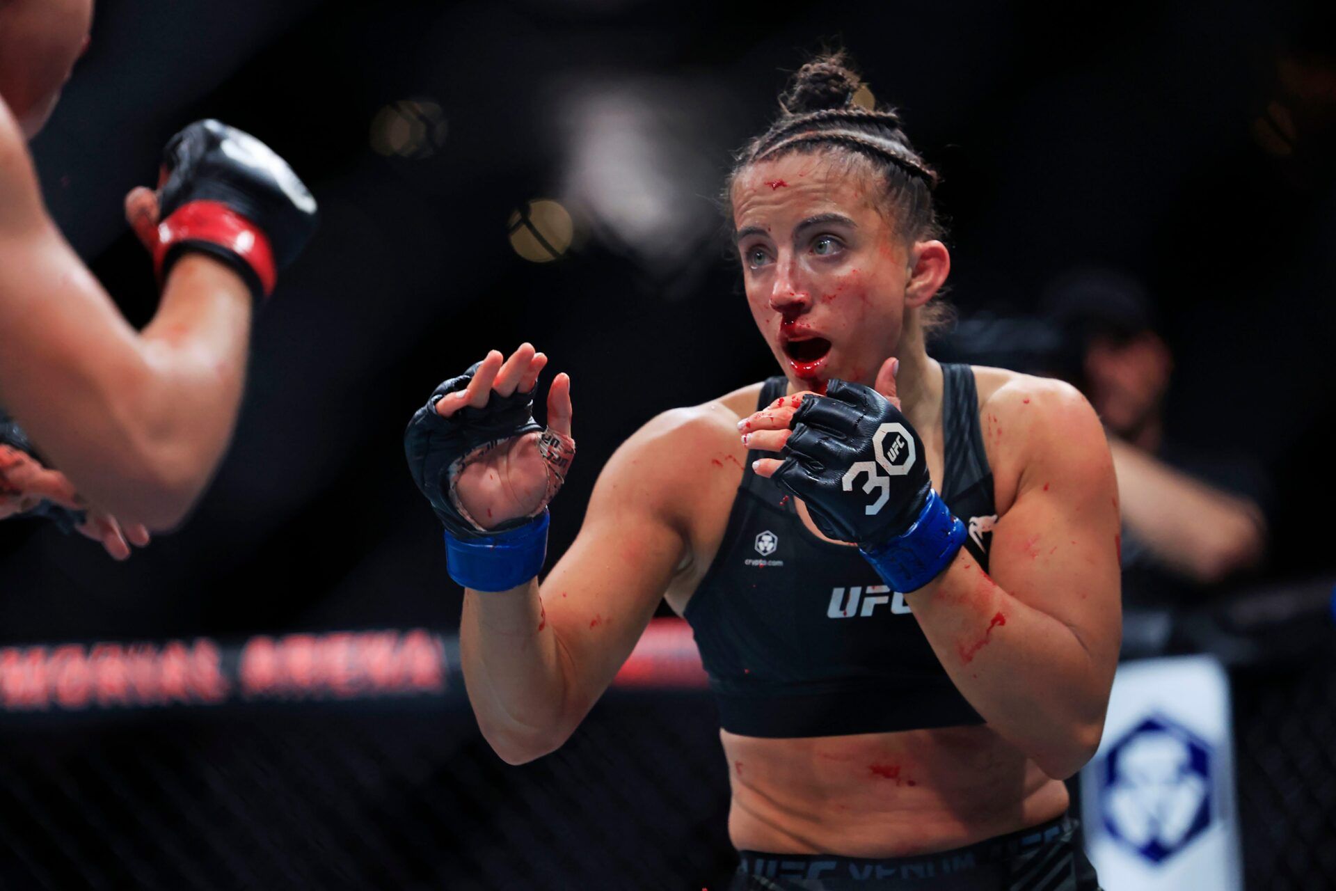 A bloodied Maycee Barber looks on in a women’s flyweight bout during the UFC Fight Night event Saturday, June 24, 2023 at VyStar Veterans Memorial Arena in Jacksonville, Fla. Maycee Barber defeated Amanda Ribas with a knock out/technical knock out in the second round.