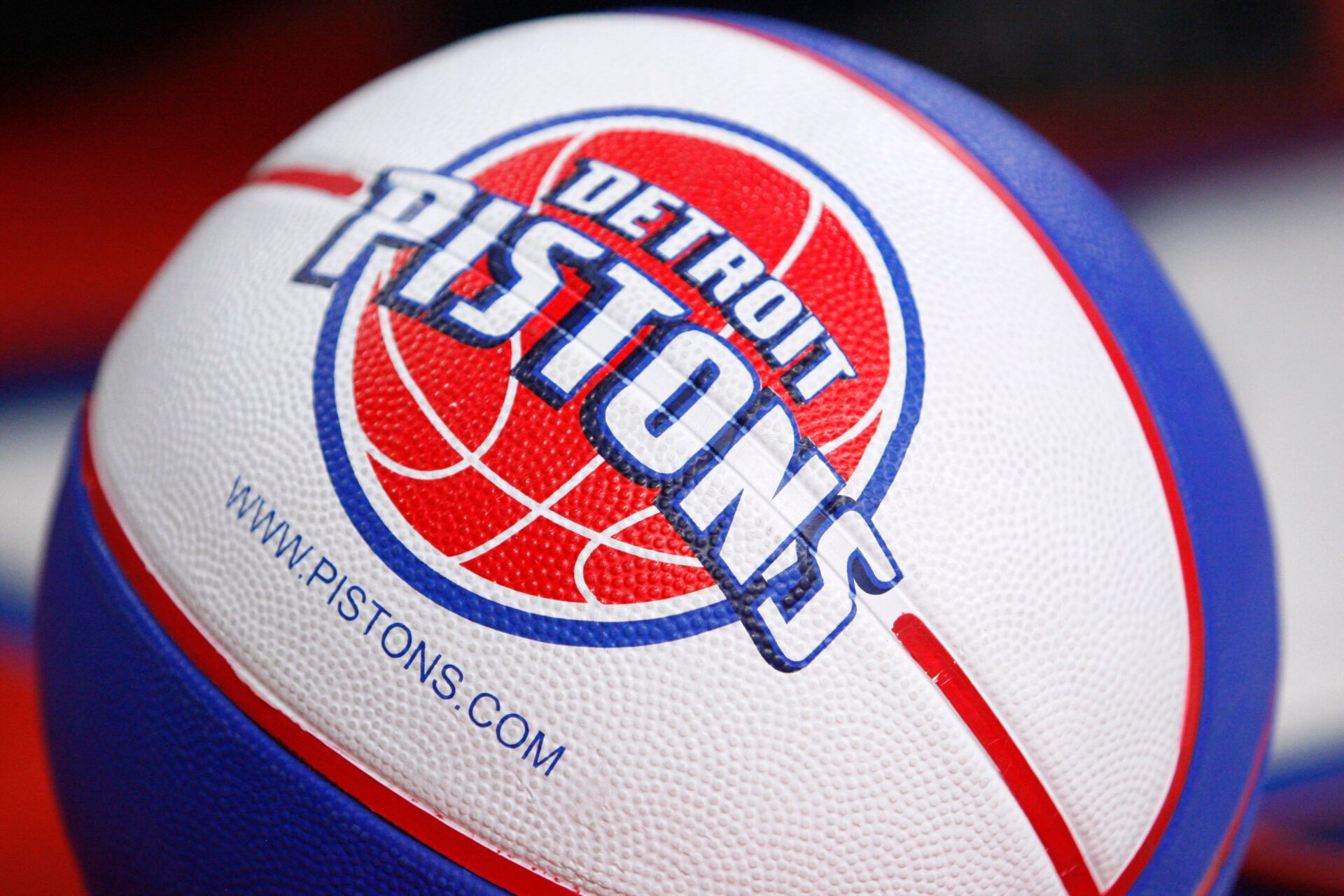 A general shot of a basketball with a Detroit Pistons logo on it during the third quarter against the Charlotte Hornets at The Palace of Auburn Hills. Pistons beat the Hornets 116-77.