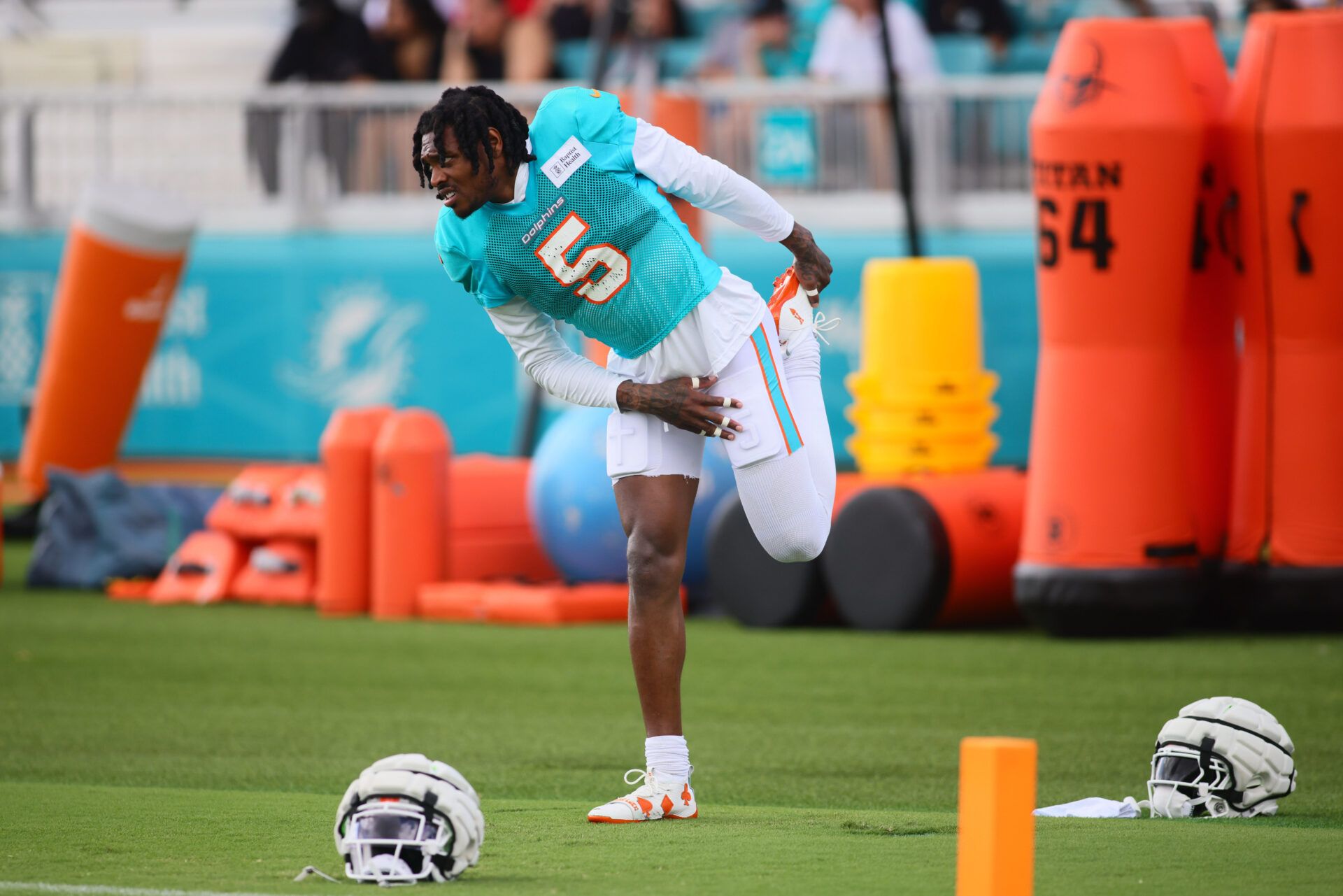 Miami Dolphins cornerback Jalen Ramsey (5) works out during a joint practice with the Atlanta Falcons at Baptist Health Training Complex.