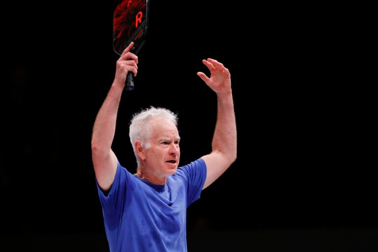John McEnroe reacts during the Pickleball Slam doubles match against Andre Agassi (not pictured) and Andy Roddick (not pictured) at Hard Rock Live at Seminole Hard Rock Hotel & Casino.