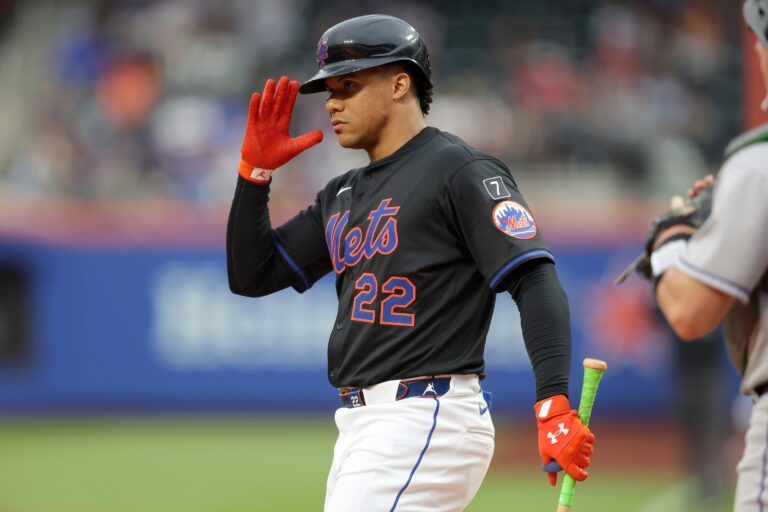 New York Mets right fielder Juan Soto (22) gestures towards the Colorado Rockies dugout before his first at bat during the first inning at Citi Field.