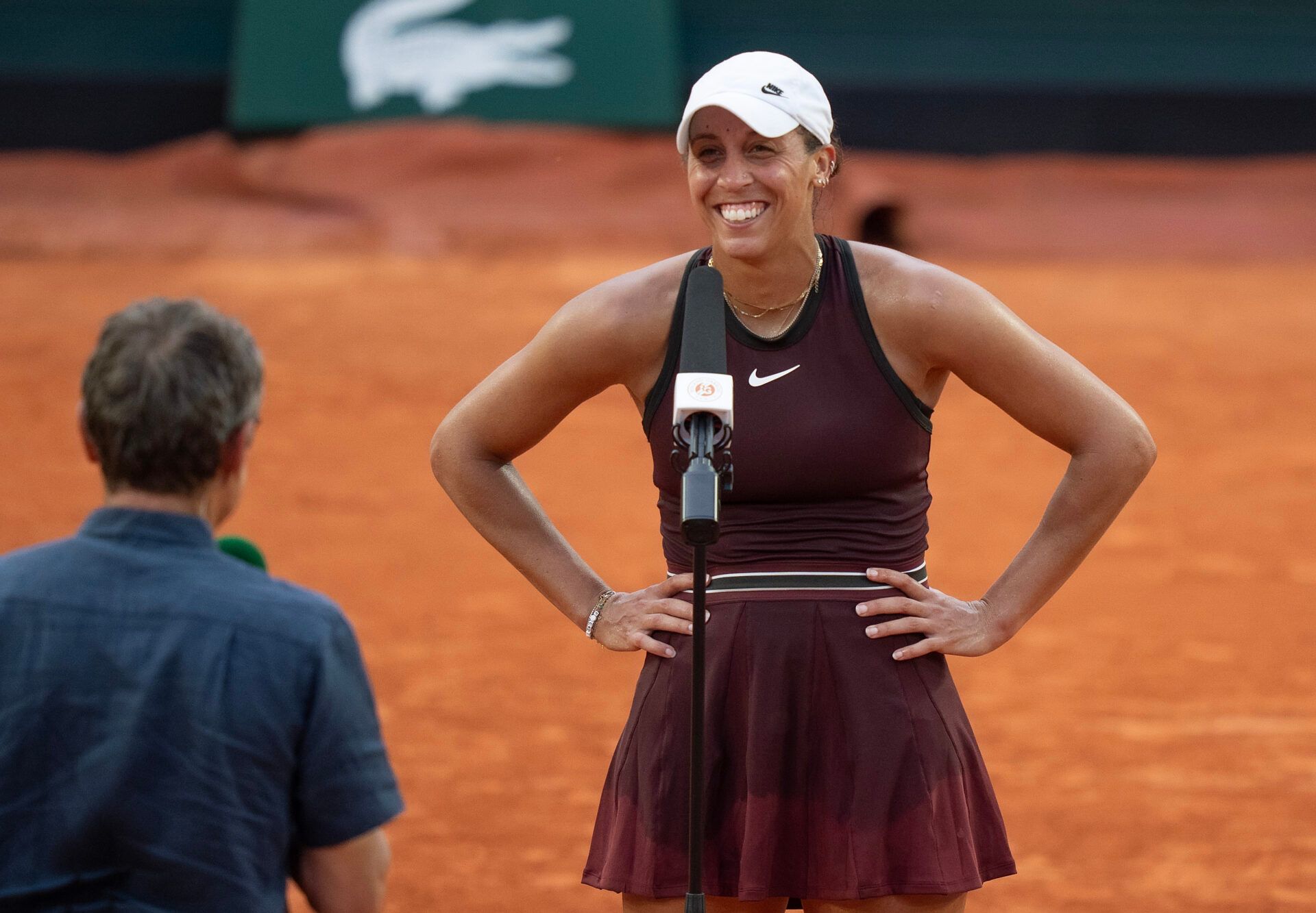 Madison Keys of the United States is interviewed by Mats Wilander after winning her match against Sofia Kenin of the United States on day seven at Roland Garros Stadium.