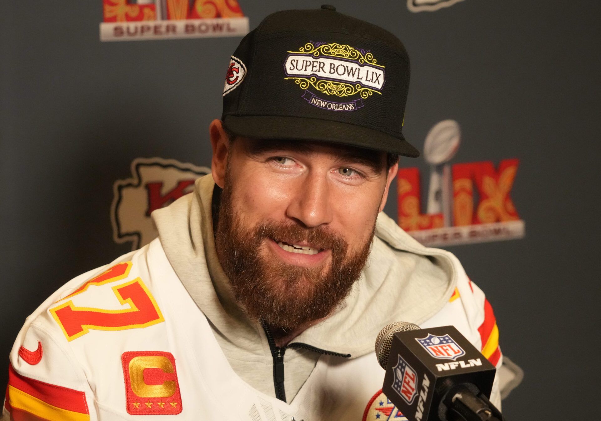 Kansas City Chiefs tight end Travis Kelce (87) in a press conference ahead of Super Bowl LIX at New Orleans Marriott.