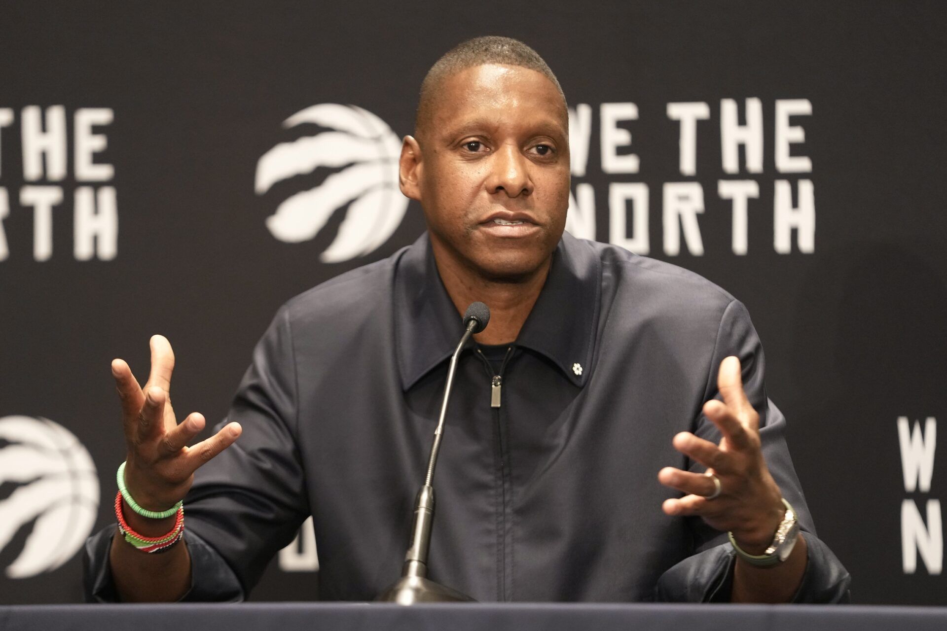 Toronto Raptors president Masai Ujiri responds to a question during Media Day at the Hilton Toronto.