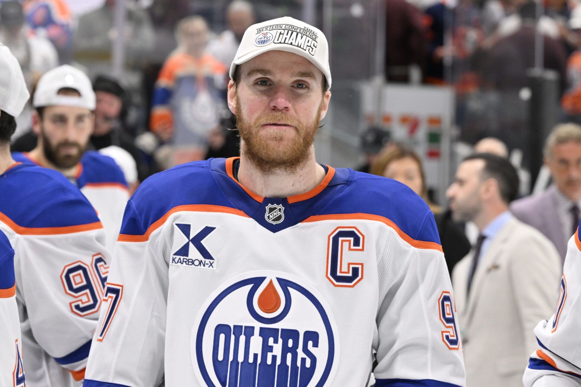 Edmonton Oilers center Connor McDavid (97) reacts after game five of the Western Conference Final of the 2025 Stanley Cup Playoffs at American Airlines Center.