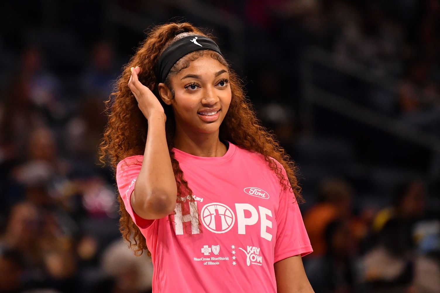 Chicago Sky forward Angel Reese (5) is seen during warm ups prior to the first half against the Dallas Wings at the Wintrust Arena.