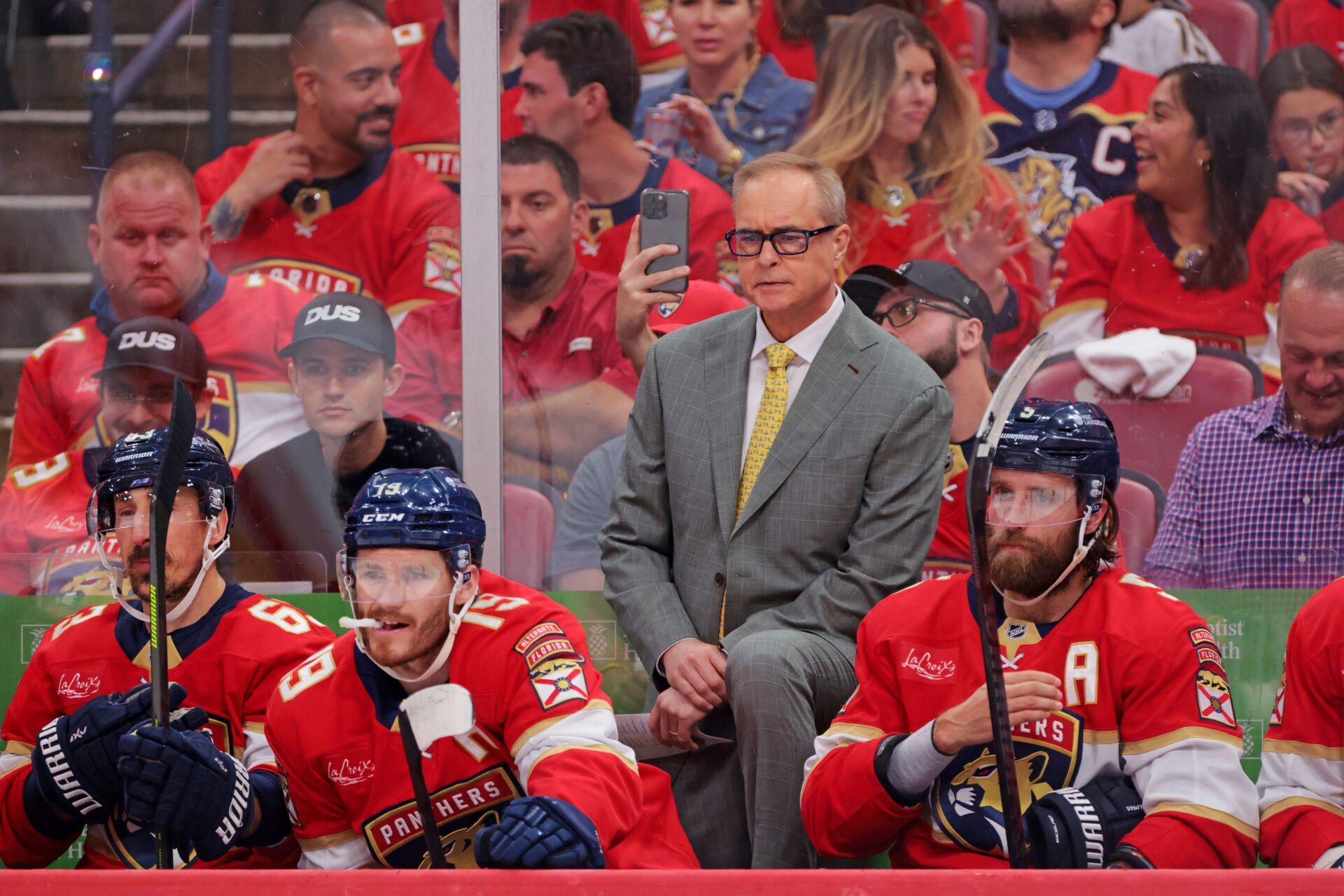 Florida Panthers head coach Paul Maurice reacts during the first period in game three of the Eastern Conference Final of the 2025 Stanley Cup Playoffs at Amerant Bank Arena.