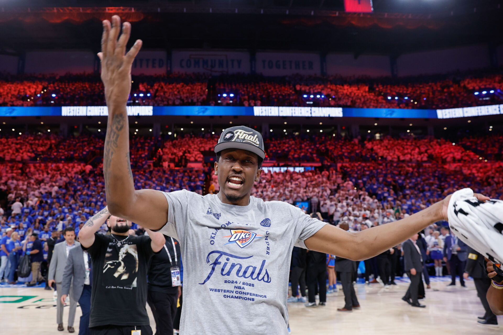 Oklahoma City Thunder forward Jalen Williams celebrates after his team defeated the Minnesota Timberwolves during game five of the western conference finals for the 2025 NBA Playoffs at Paycom Center.