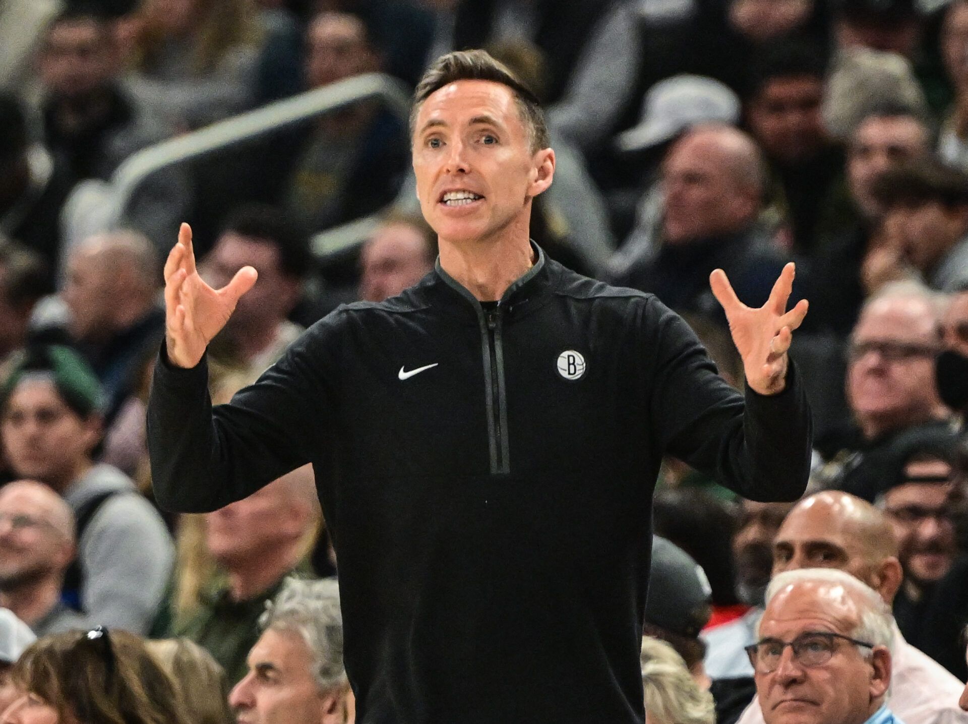 Brooklyn Nets head coach Steve Nash calls a play in the second quarter during game against the Milwaukee Bucks at Fiserv Forum.