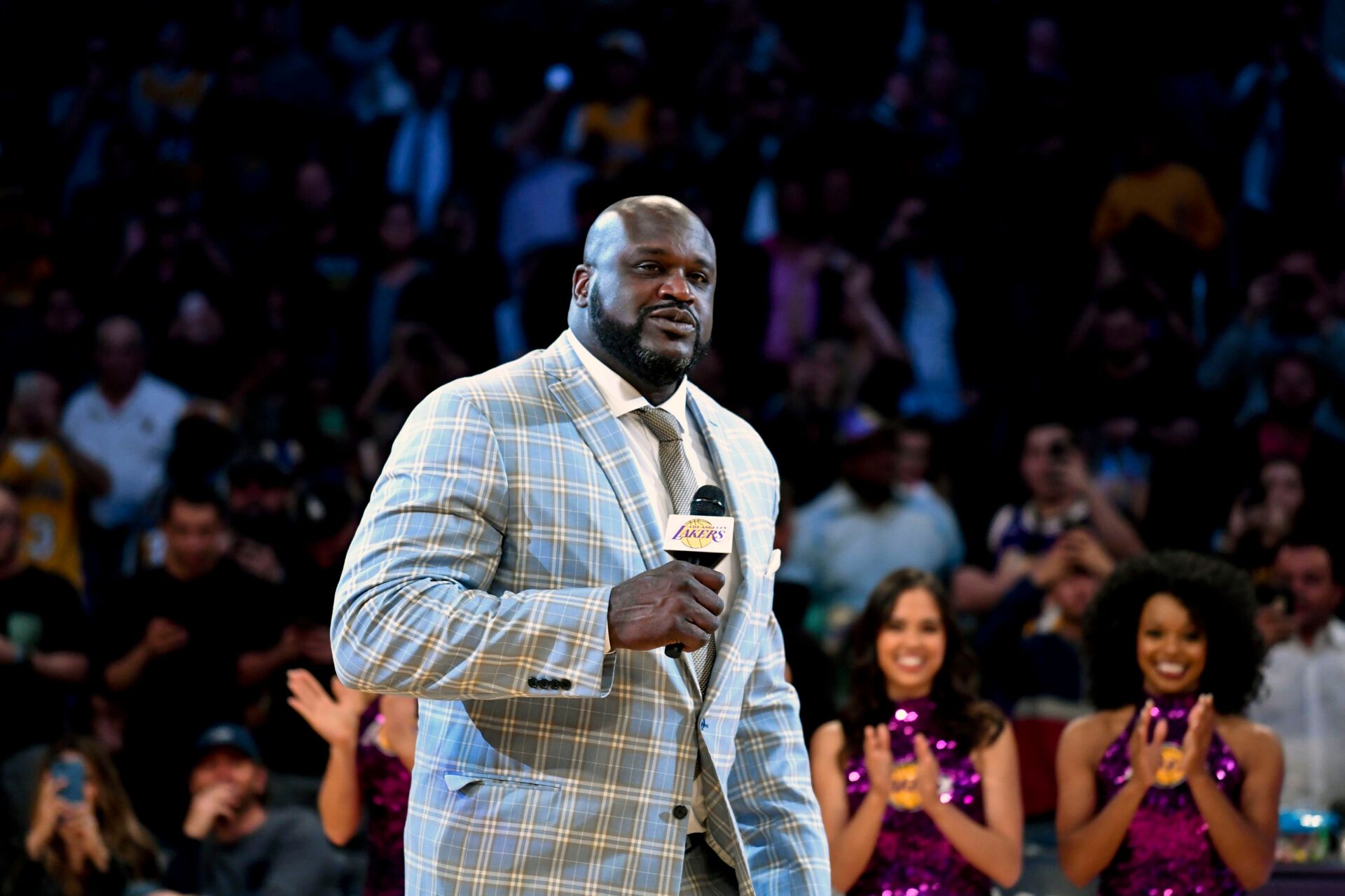 Mar 24, 2017; Los Angeles, CA, USA: Former Los Angeles Lakers center Shaquille O'Neal speaks during a NBA game between the Los Angeles Lakers and the Minnesota Timberwolves at the Staples Center.
