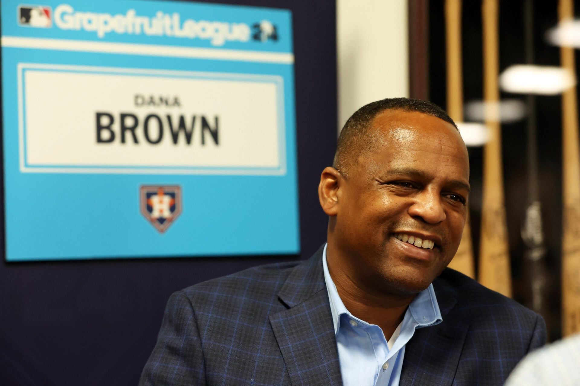 Houston Astros general manager Dana Brown talks with media at George M. Steinbrenner Field.