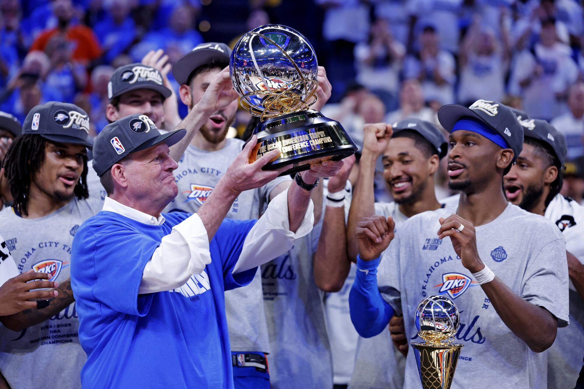 Oklahoma City Thunder chairman Clay Bennett celebrates after his team beat the Minnesota Timberwolves in game five to win the western conference finals for the 2025 NBA Playoffs at Paycom Center.