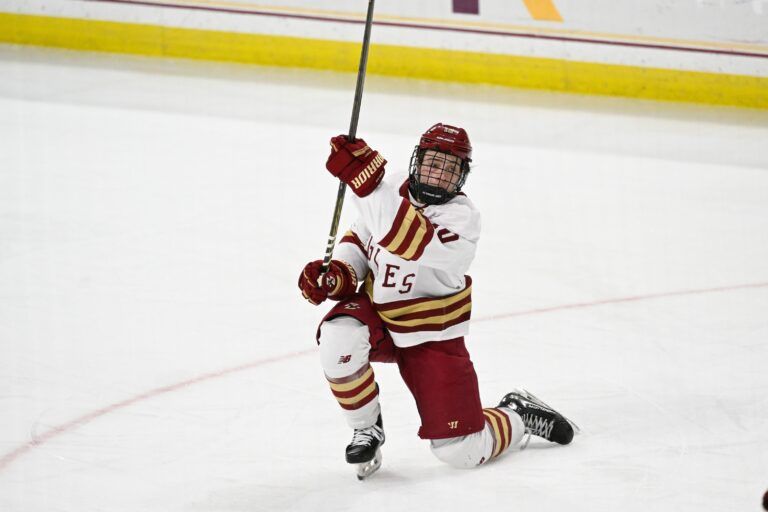 Boston College forward James Hagens (10) shoots the puck against the University of New Hampshire Wildcats during the third period at Conte Forum.