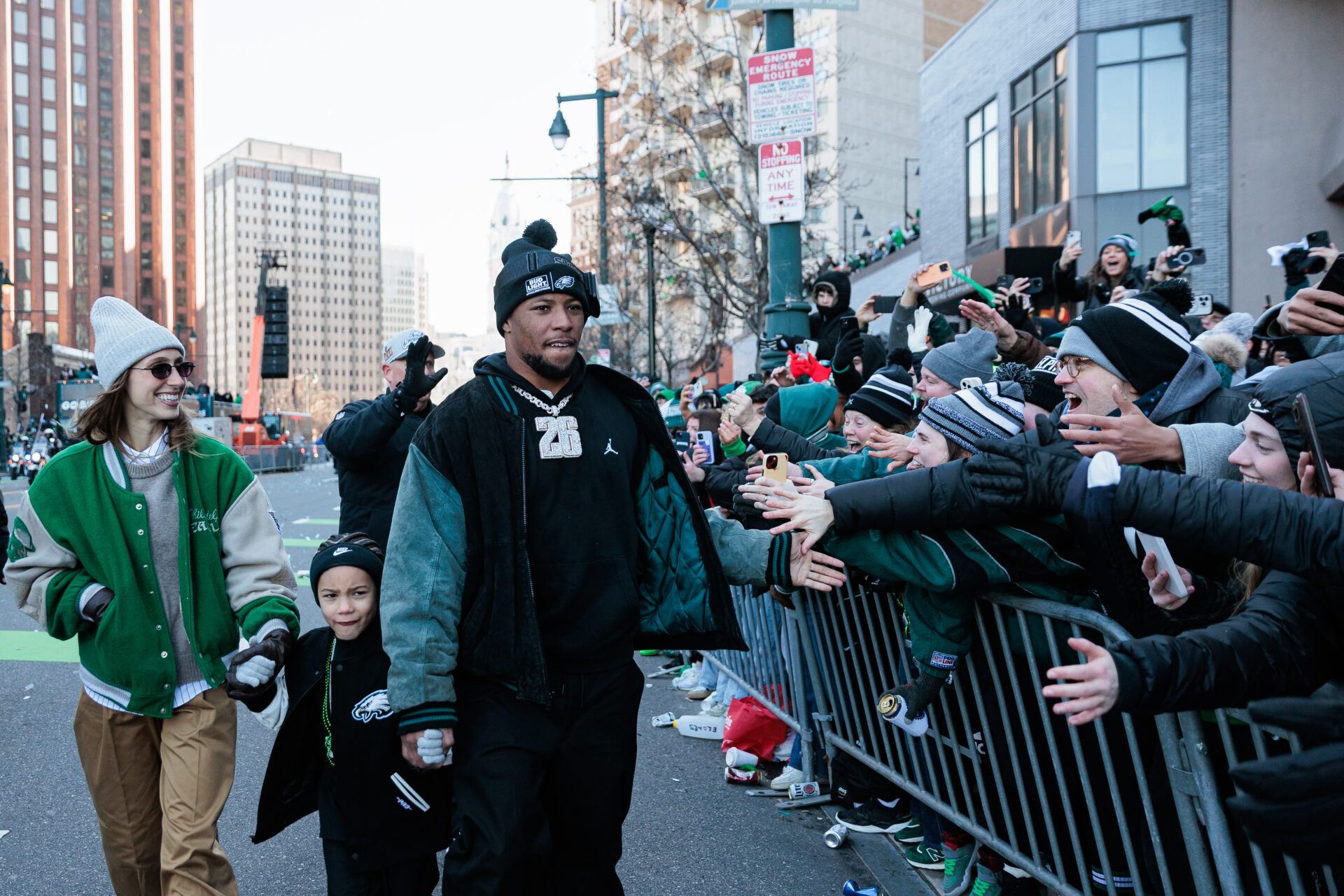 Philadelphia Eagles running back Saquon Barkley (26) celebrates during the Super Bowl LIX championship parade and rally.