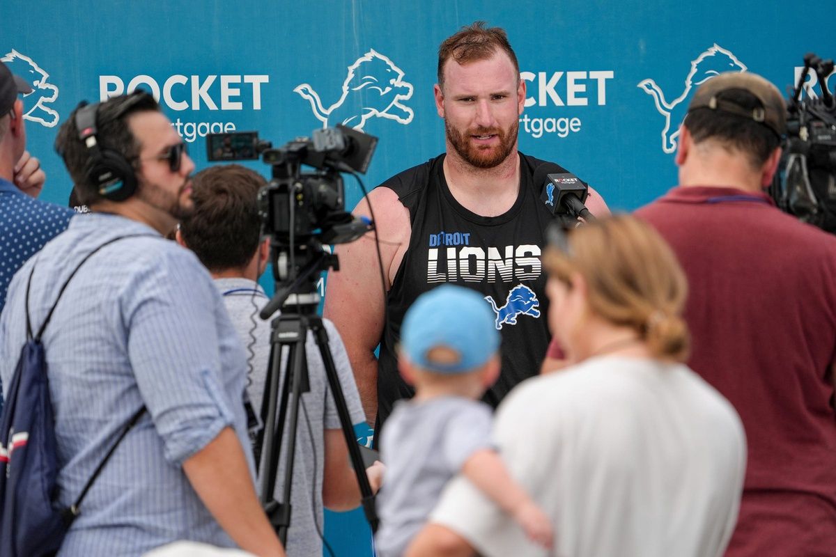 Center Frank Ragnow is interviewed by the media during the Detroit Lions training camp at the Lions practice facility in Allen Park, Mich. on Monday, July 29, 2024.