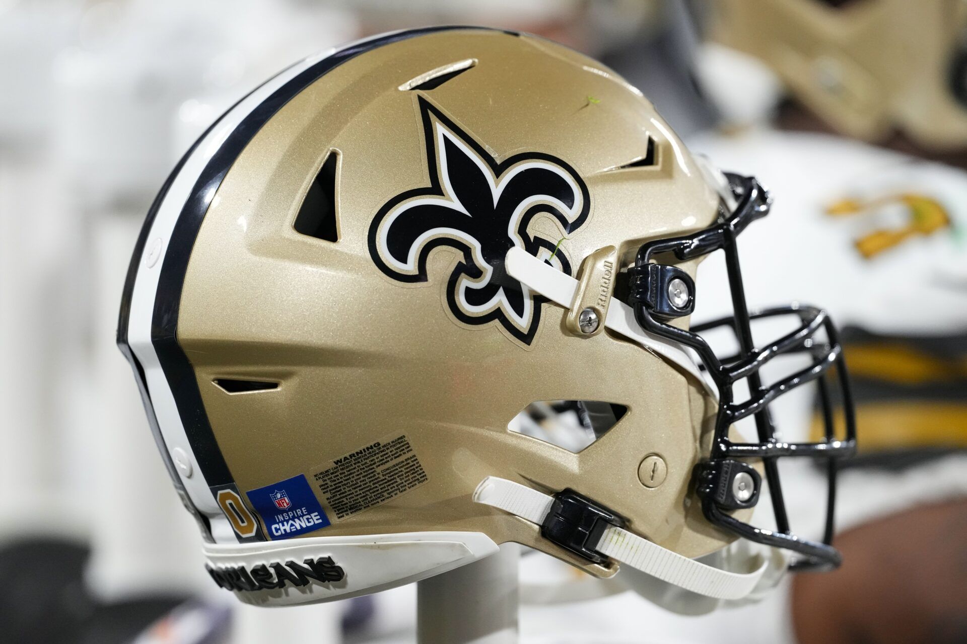 General view of a New Orleans Saints helmet during the game against the Green Bay Packers at Lambeau Field.