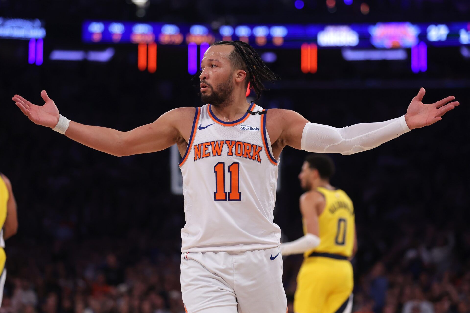 New York Knicks guard Jalen Brunson (11) reacts in the first quarter against the Indiana Pacers during game five of the eastern conference finals for the 2025 NBA Playoffs at Madison Square Garden.