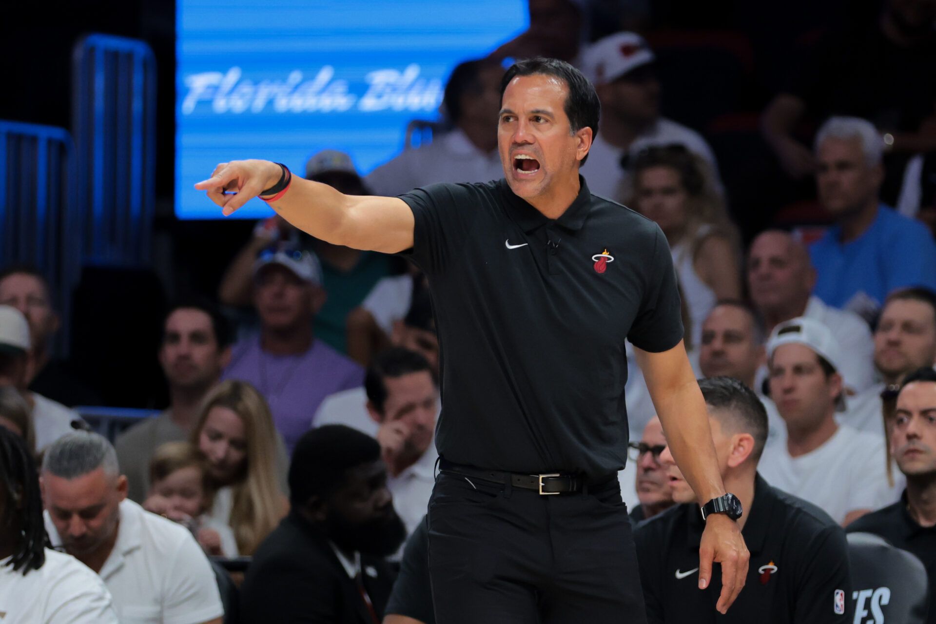 Miami Heat head coach Erik Spoelstra signals from the sideline against the Cleveland Cavaliers in the third quarter during game three for the first round of the 2025 NBA Playoffs at Kaseya Center.