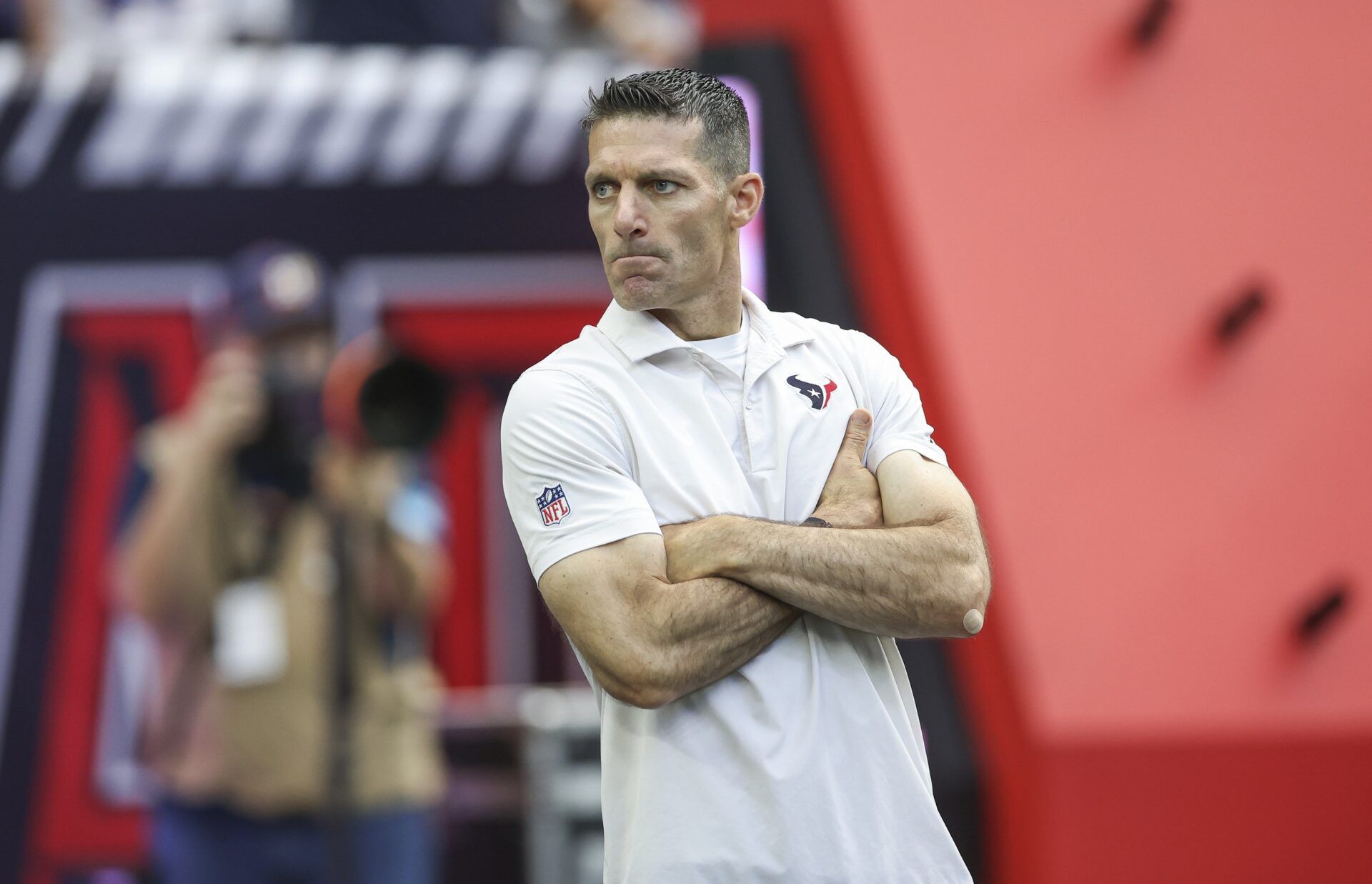 Houston Texans general manager Nick Caserio on the field before the game against the New York Giants at NRG Stadium.