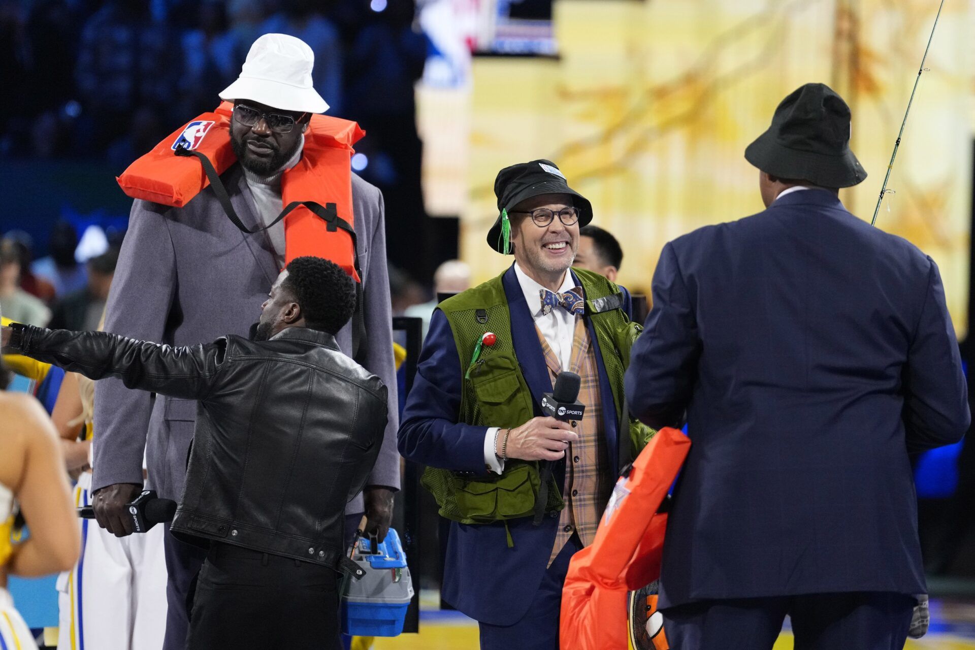 Shaq’s OGs general manager Shaquille O’Neal and Chuck’s Global Stars general manager Charles Barkley and broadcaster Ernie Johnson during a break in the game against Chuck’s Global Stars during the 2025 NBA All Star Game at Chase Center.