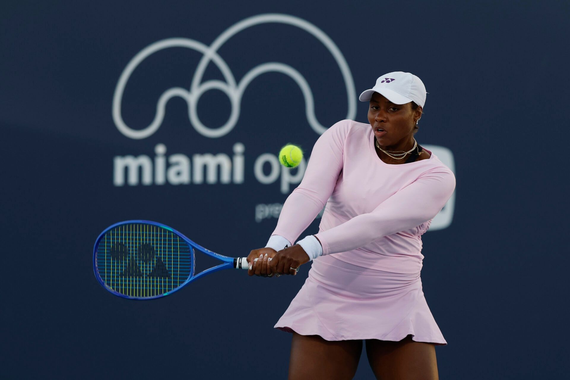 Taylor Townsend (USA) hits a backhand against Ann Li (USA)(not pictured) on day one of the Miami Open at Hard Rock Stadium.