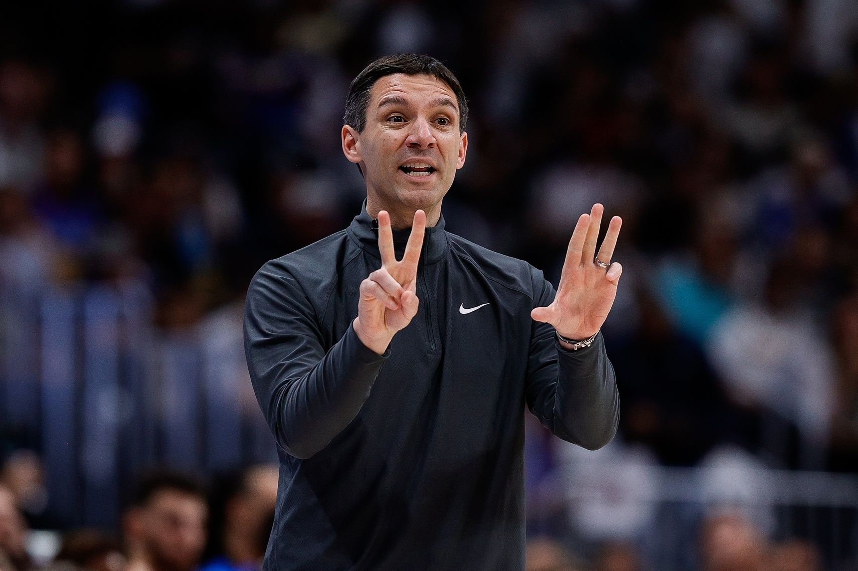 Oklahoma City Thunder head coach Mark Daigneault gestures in the third quarter against the Denver Nuggets during game six of the second round for the 2025 NBA Playoffs at Ball Arena.