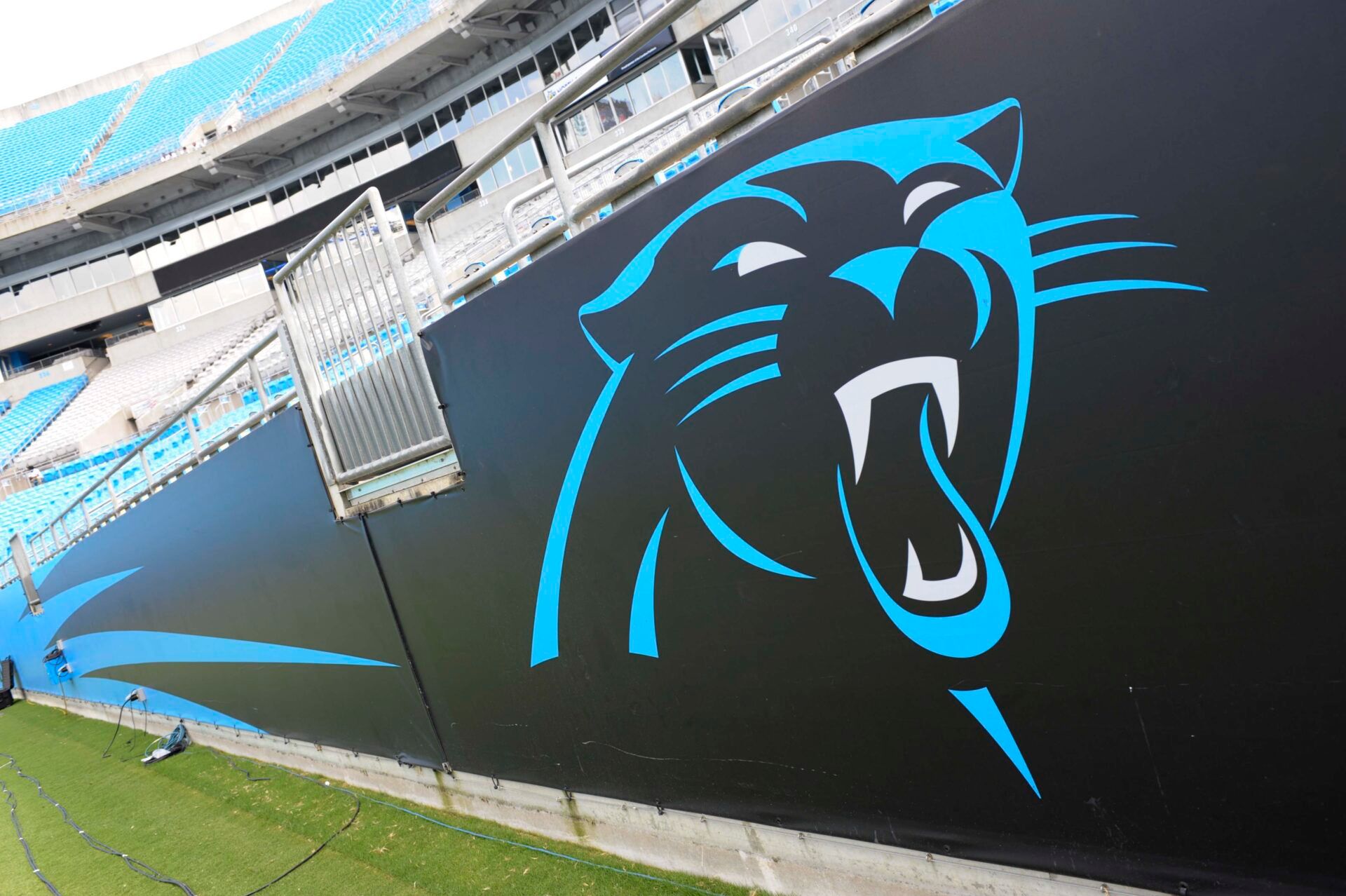 Carolina Panthers team logo on the sideline before the game against the Chicago Bears at Bank of America Stadium.