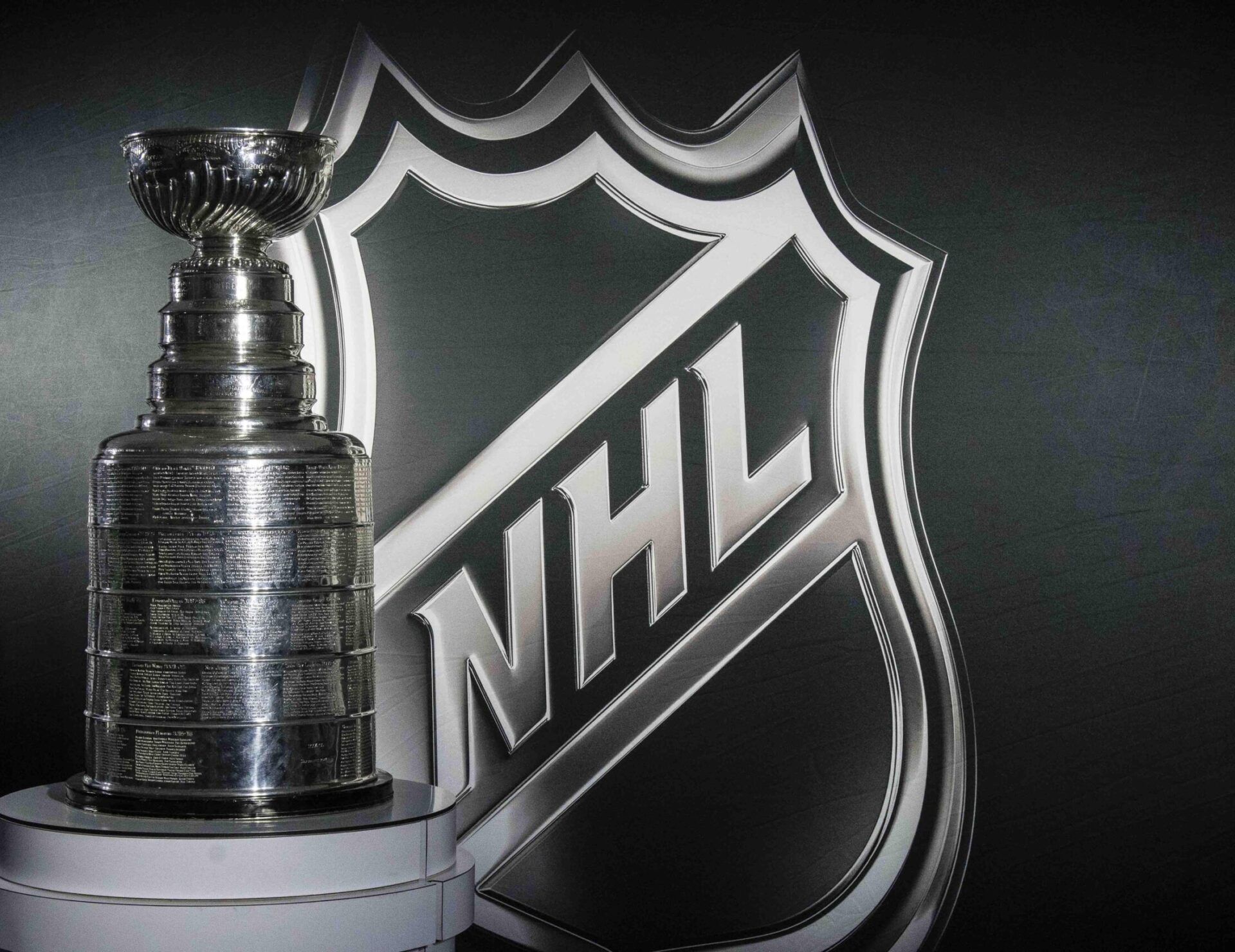 A general view of the Stanley Cup and NHL Logo before the game between the Dallas Stars and the Minnesota Wild at American Airlines Center.